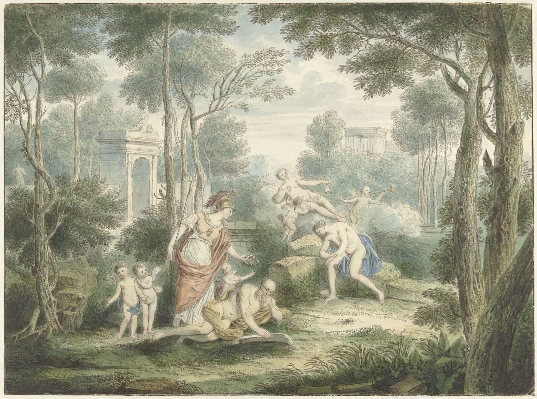 Rococo oil painting by Louis Fabritius Dubourg depicting Athena crowning an old man with Venus and Adonis.