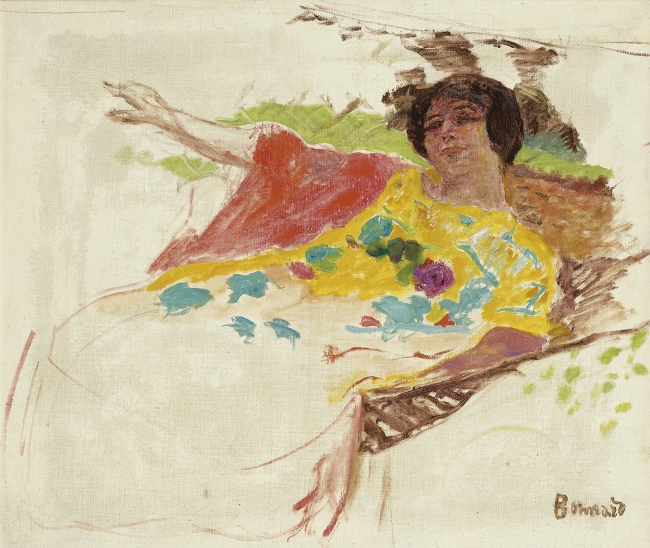 A woman in a bathrobe relaxes in a hammock, surrounded by vibrant colors and soft light.