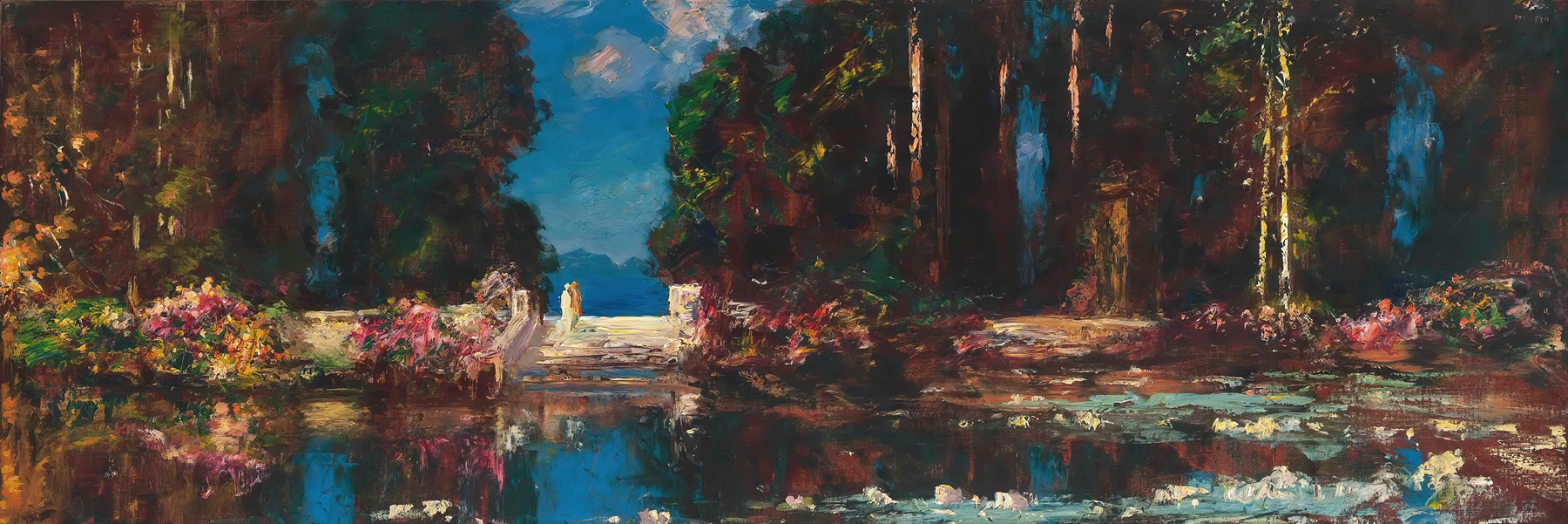 The Terrace by Thomas Edwin Mostyn, oil on canvas, depicting a sunlit terrace with vibrant flowers and shadows.