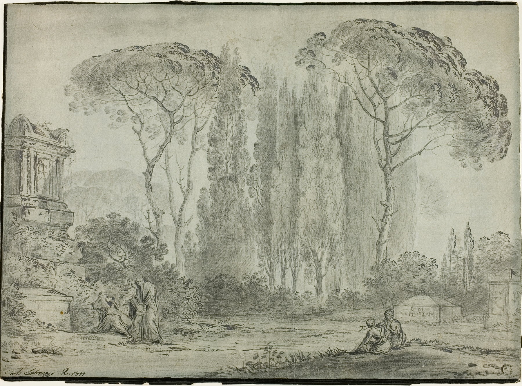 Mourners in a Graveyard, oil on canvas by Carlo Labruzzi, depicting sorrowful figures in a graveyard.