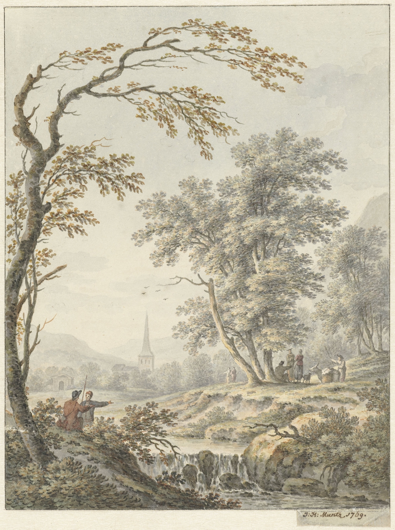 Rococo landscape with a waterfall and a distant church by Johann Heinrich Müntz