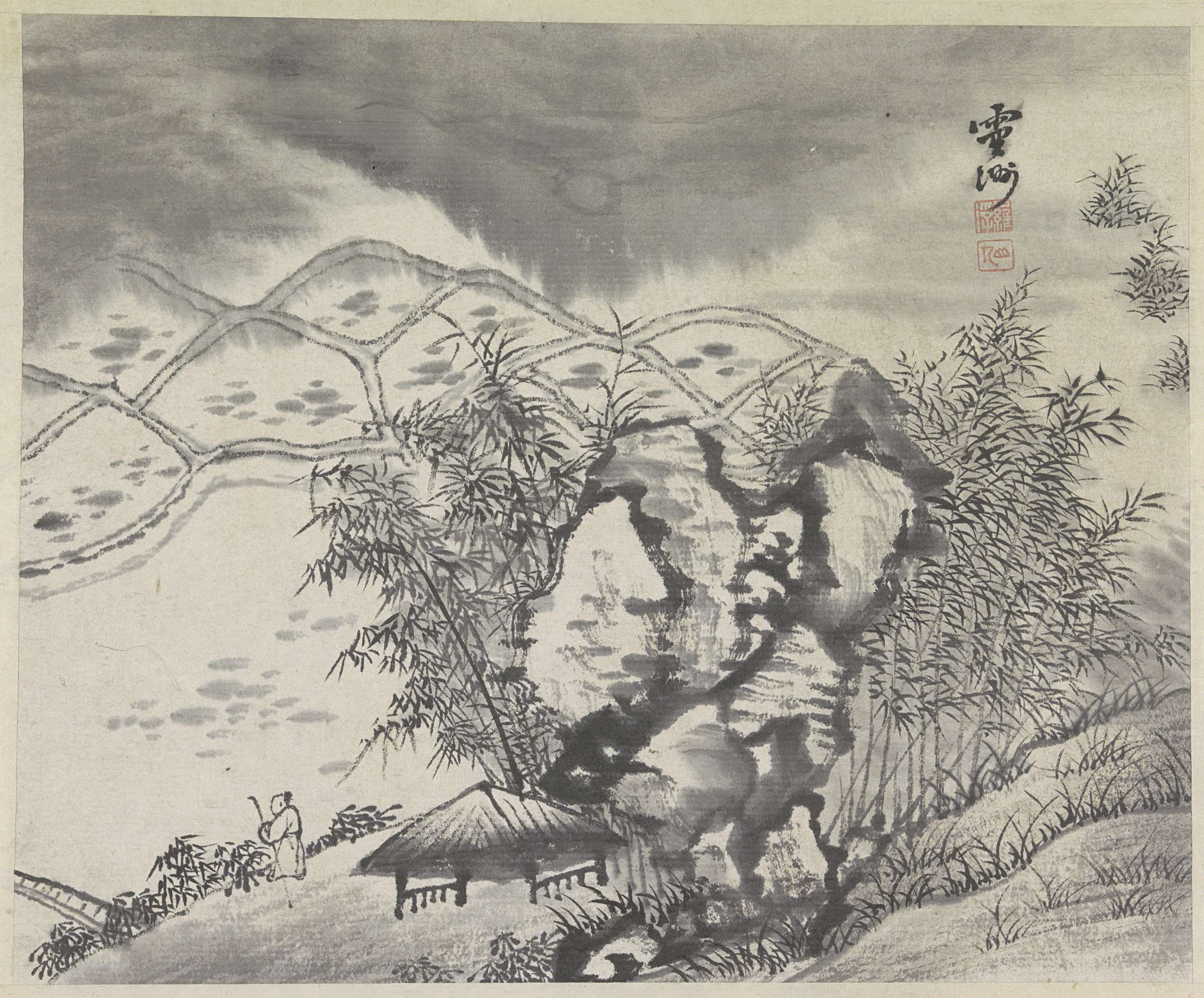 Landscape drawing by Unknown Artist featuring a shepherd in a meadow
