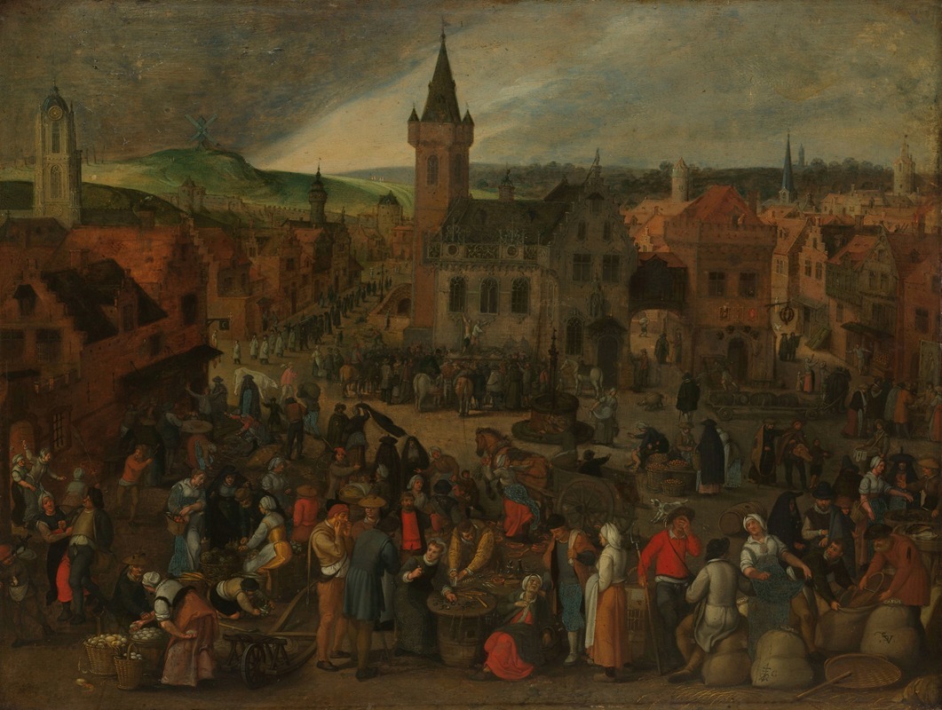 A vibrant depiction of a bustling market day in a Flemish town.