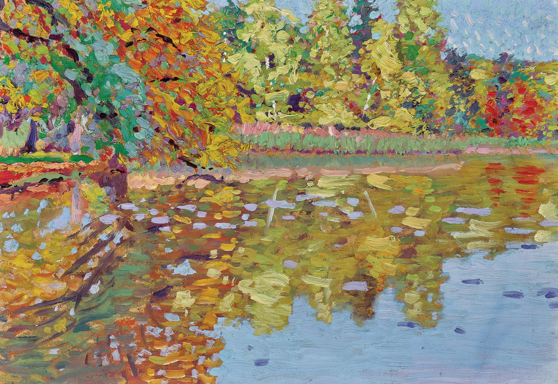 Impressionism landscape by Rudolf Junk, featuring a tranquil pond and autumn foliage.