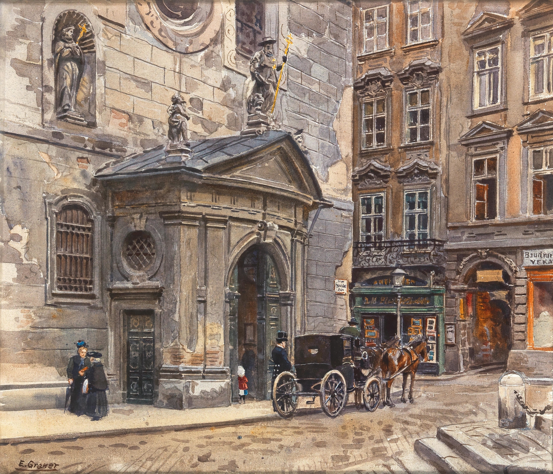 oil on canvas by Ernst Graner depicting a horse-drawn carriage near the Franziskaner church