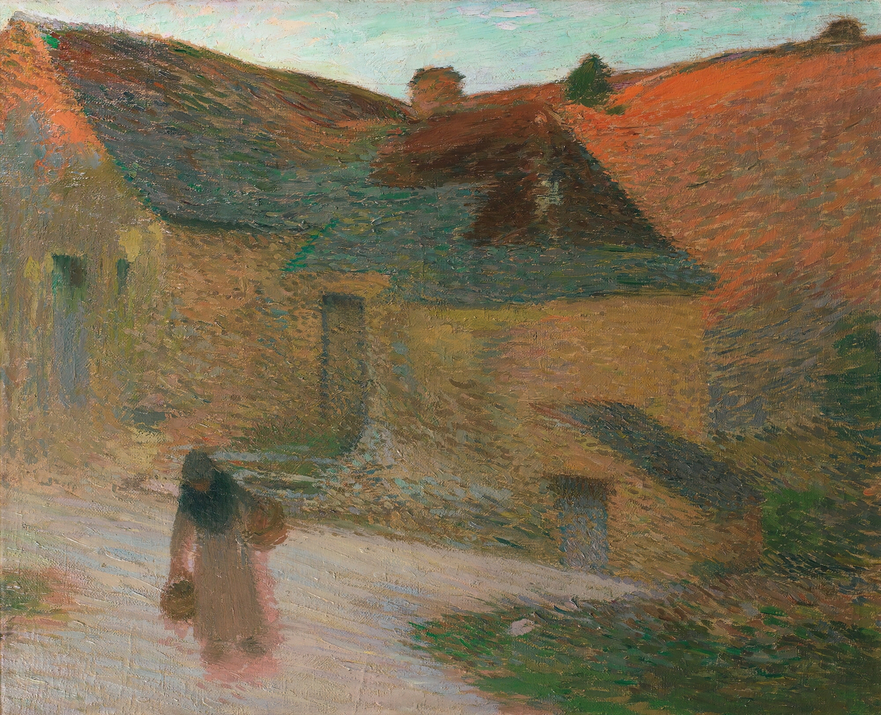 Oil painting by Henri Martin depicting a farmhouse with golden light and trees