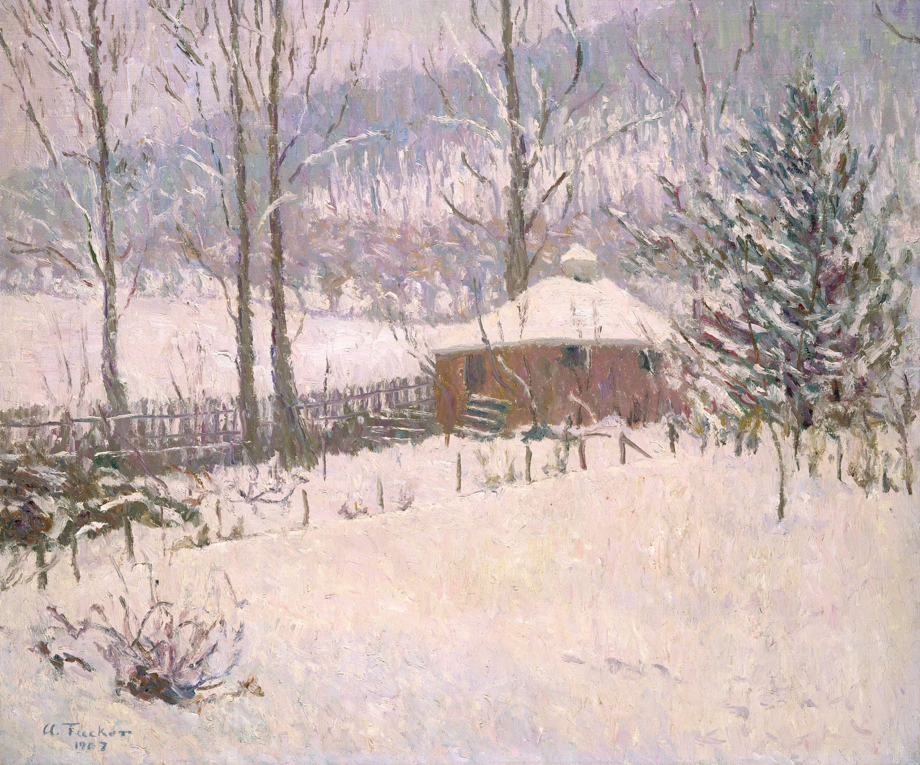 Winter landscape with a solitary figure in snow, oil painting by Allen Tucker