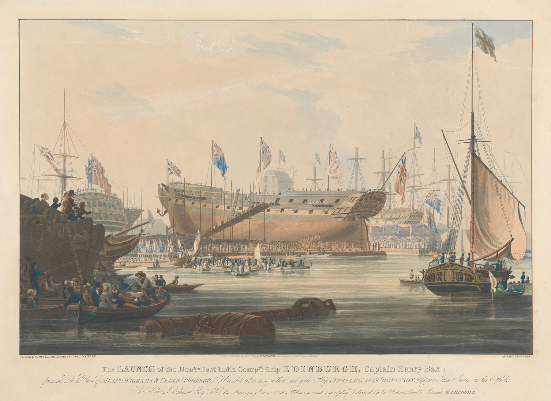 Launch of the ‘Edinburgh’ by Edward Duncan, oil painting depicting a ship launching into water.
