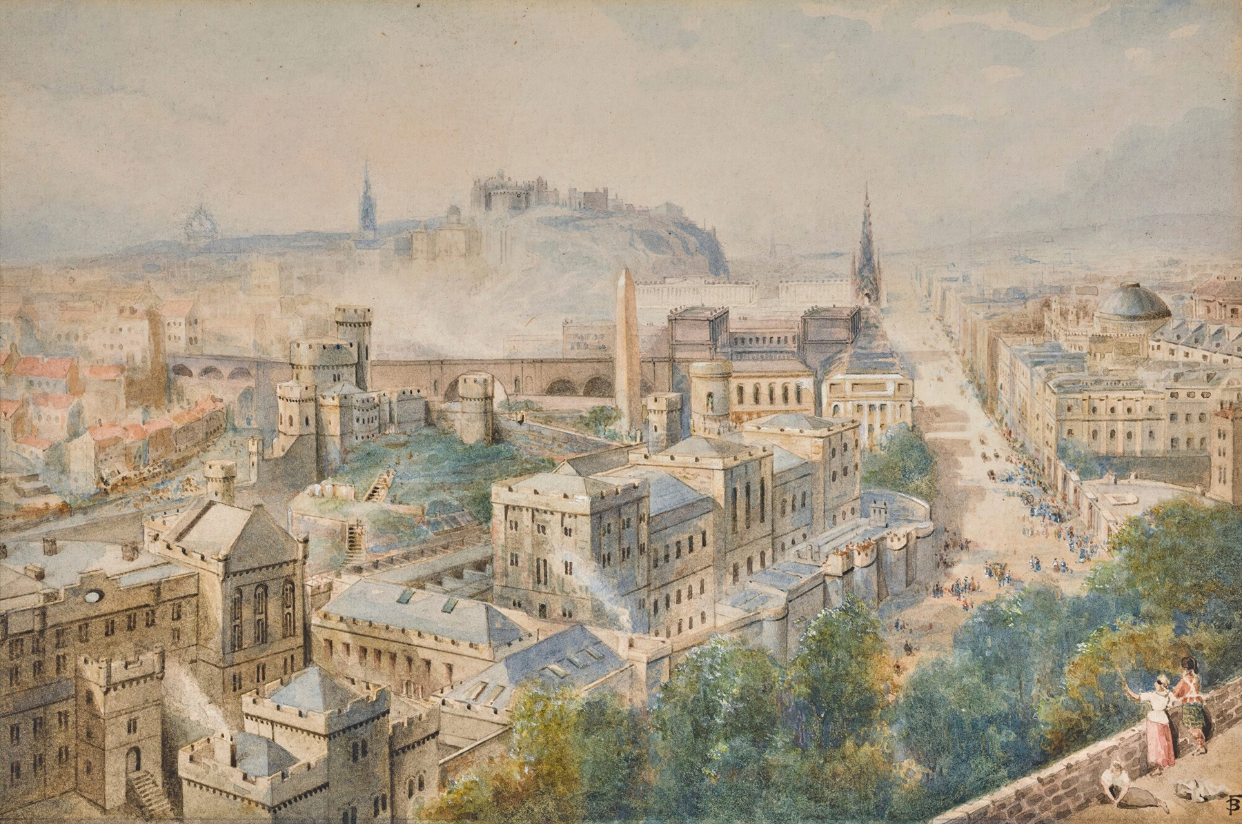 Landscape view of Edinburgh from Calton Hill by Myles Birket Foster, oil painting.