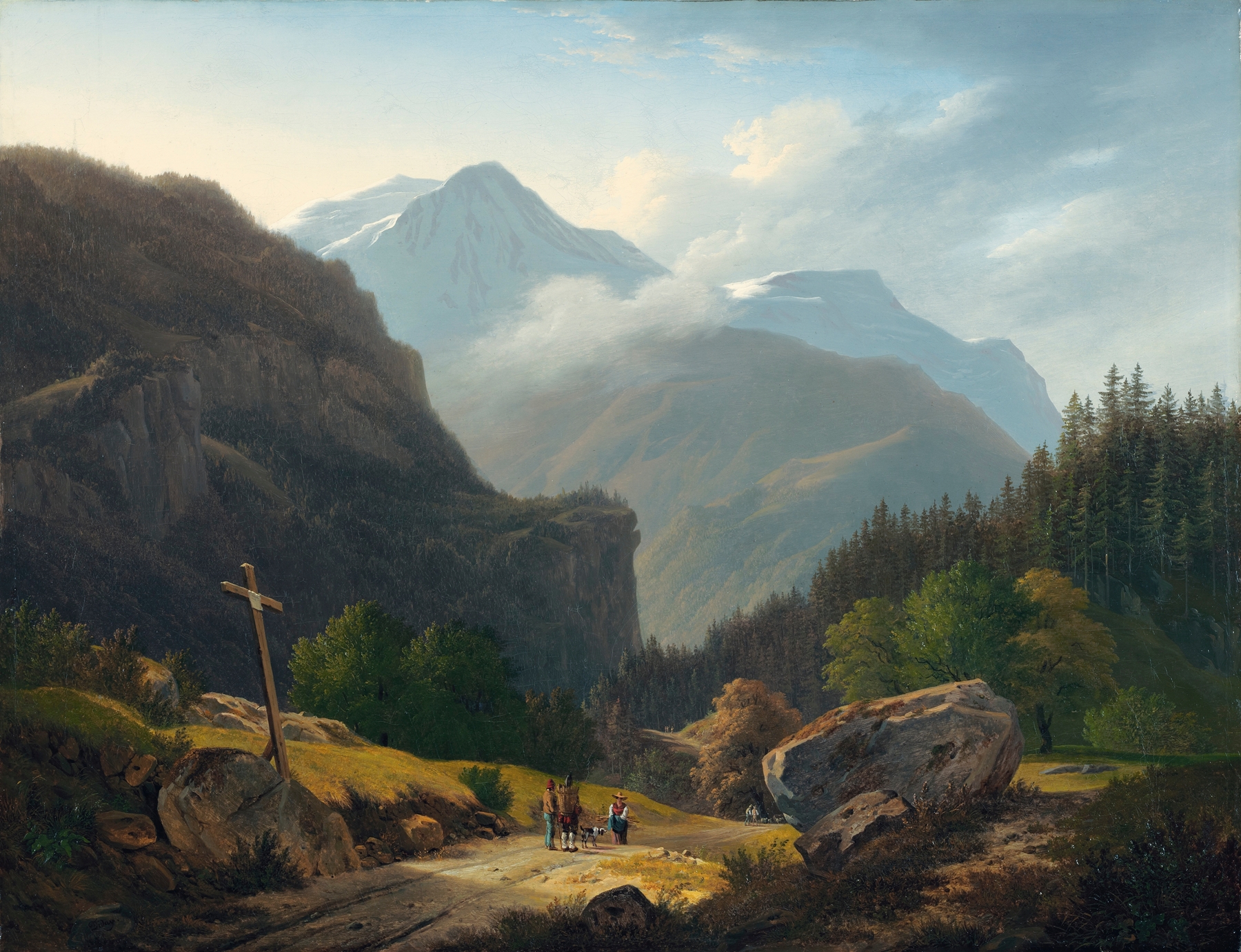 Figures With Mountains by François Diday, oil painting of two figures in a mountainous landscape.