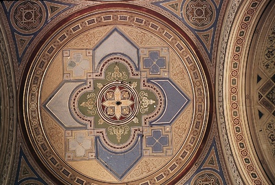 Fresco by Eva Bollert depicting ornate ceiling patterns with vibrant colors.