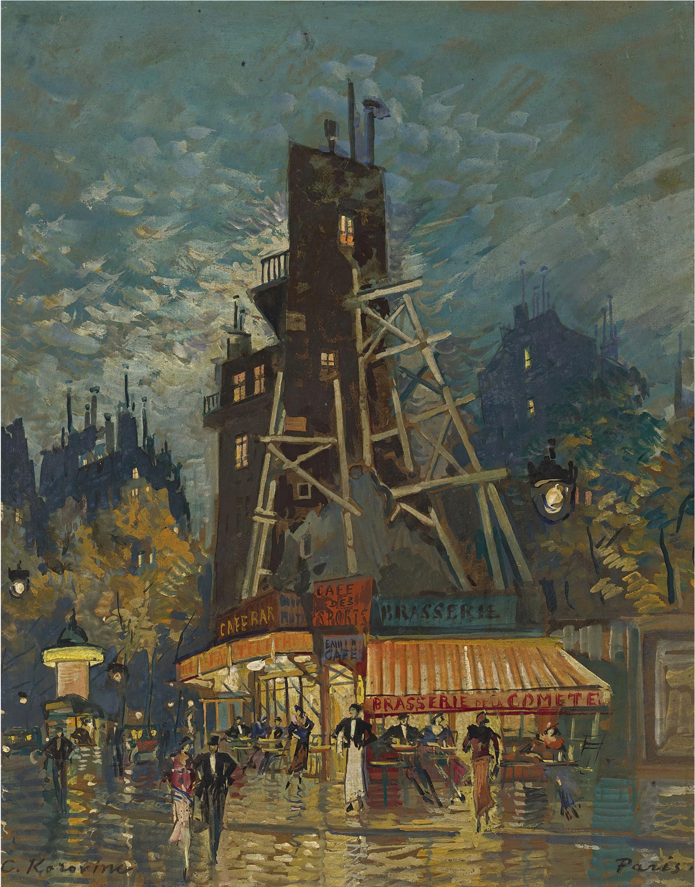 Parisian Boulevard by Konstantin Alexeevich Korovin, oil on canvas depicting figures in a tranquil landscape.
