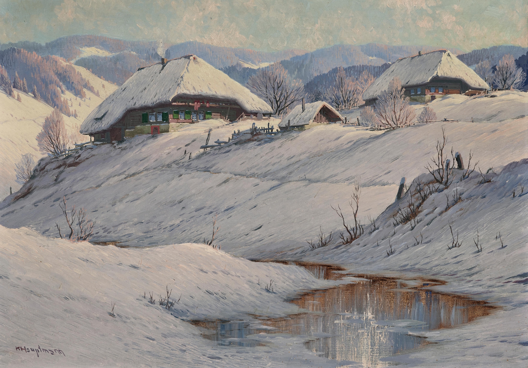 A winter landscape with snow-covered farmsteads and a stream, oil on canvas by Karl Hauptmann