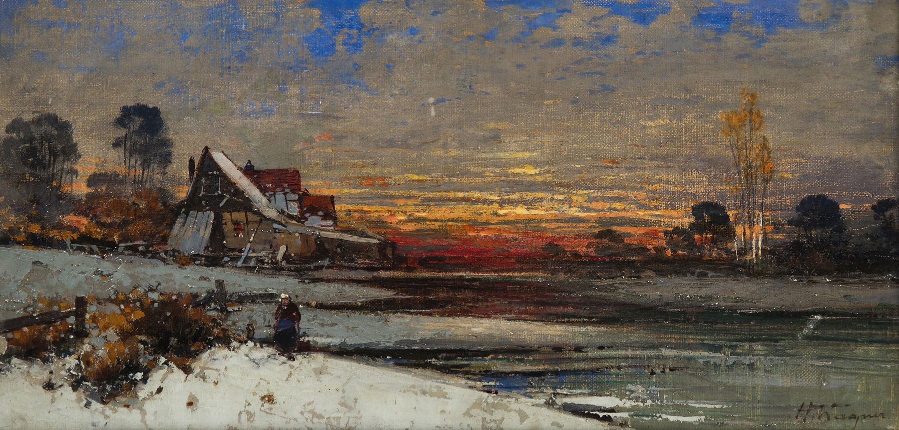 Winter Sunset by Georg Fischhof, oil on canvas depicting a vibrant sunset over a horizon.