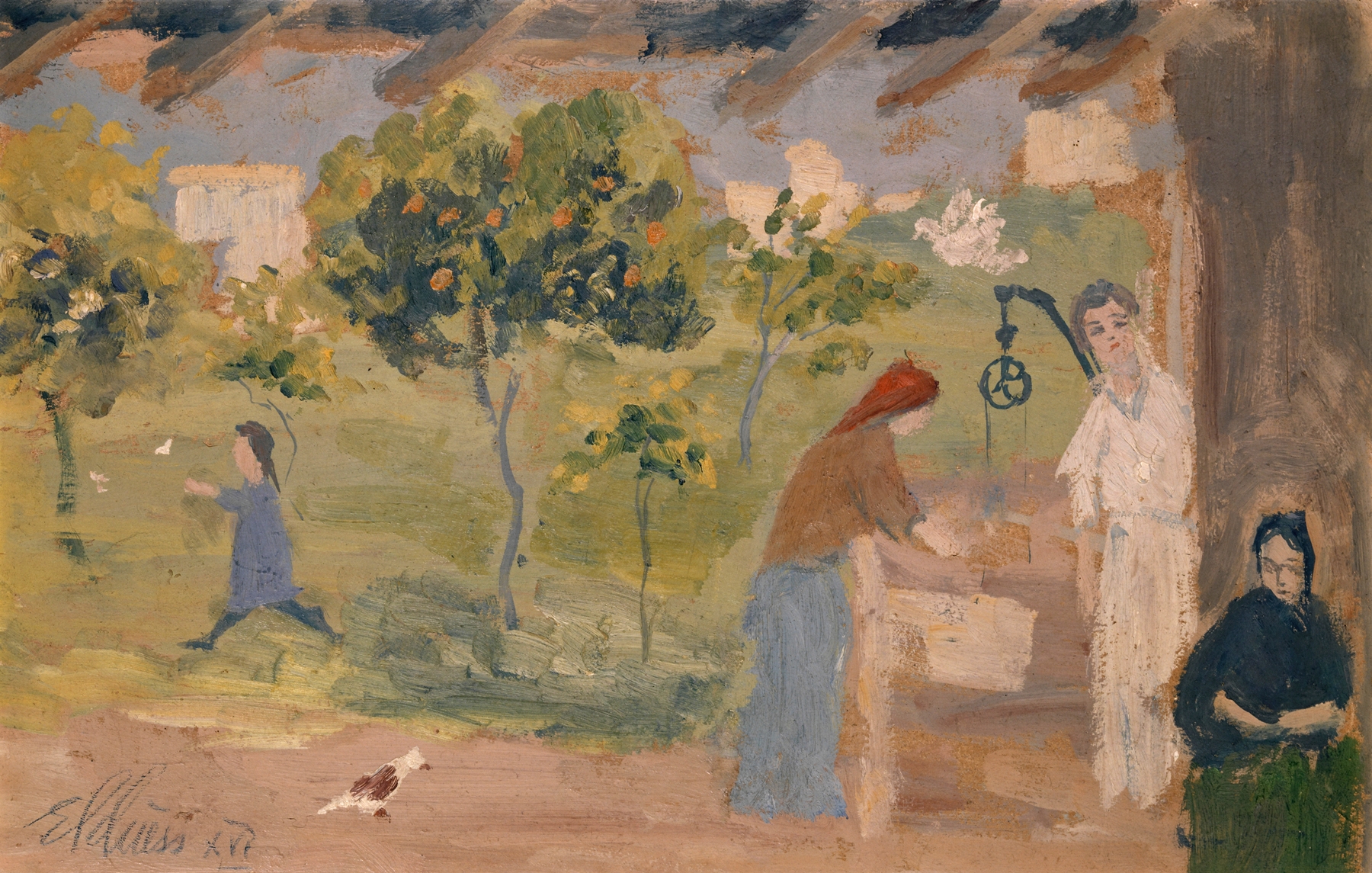 Figurative scene of a fountain with sunlight and figures by Ernst Schiess, oil painting