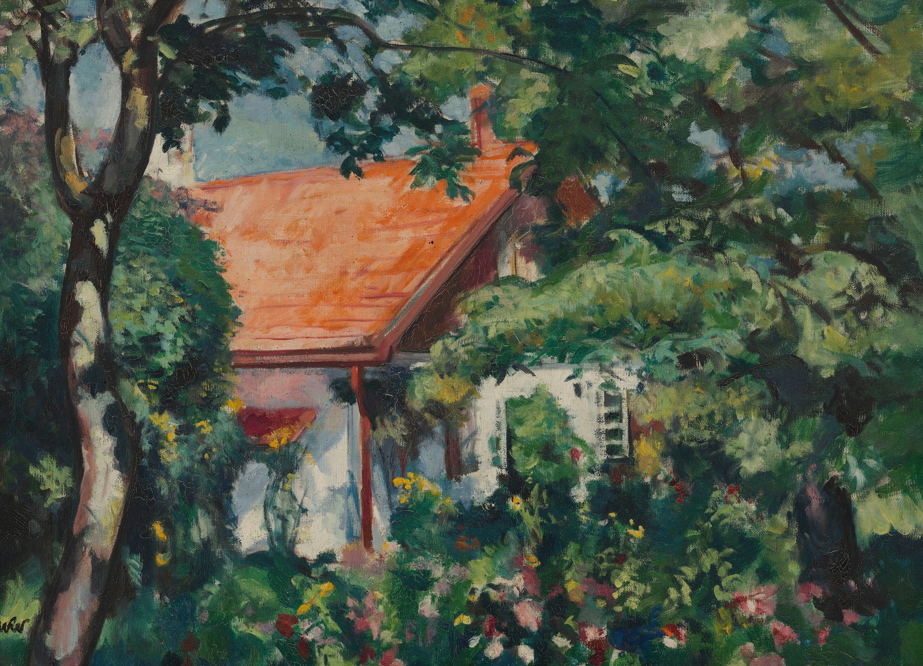 Landscape with hollyhocks by Wojciech Weiss, oil painting showing vibrant flowers and a tranquil garden.