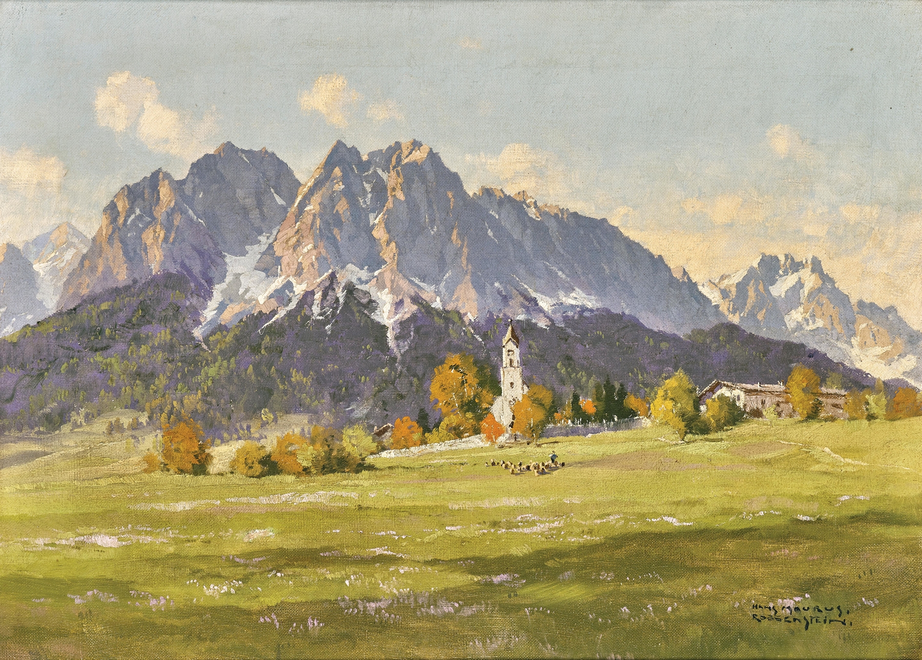 Obergrainau mit Zugspitze und Waxenstein by Hans Maurus, oil painting depicting a lush landscape.