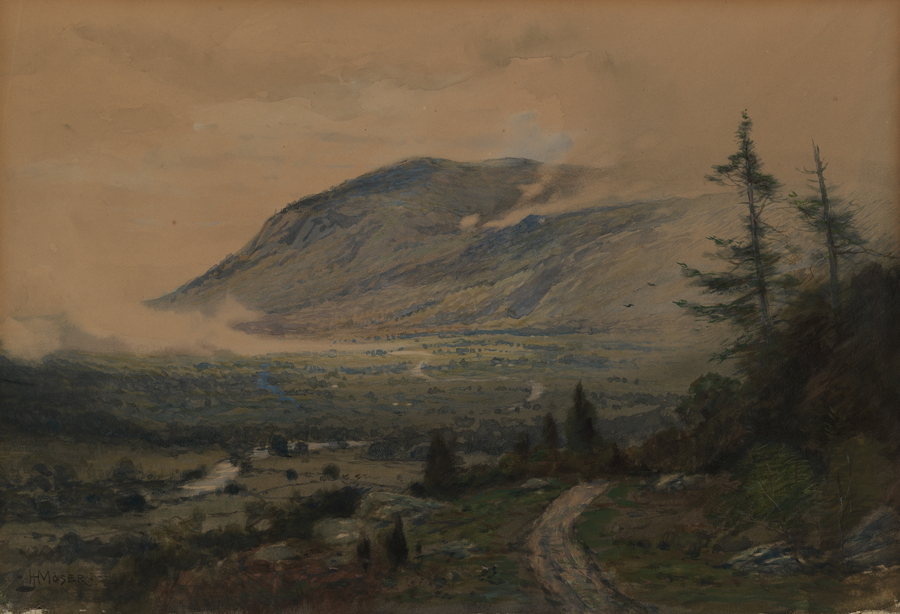 Mountain and Valley by James Henry Moser, oil on canvas depicting a vibrant landscape.