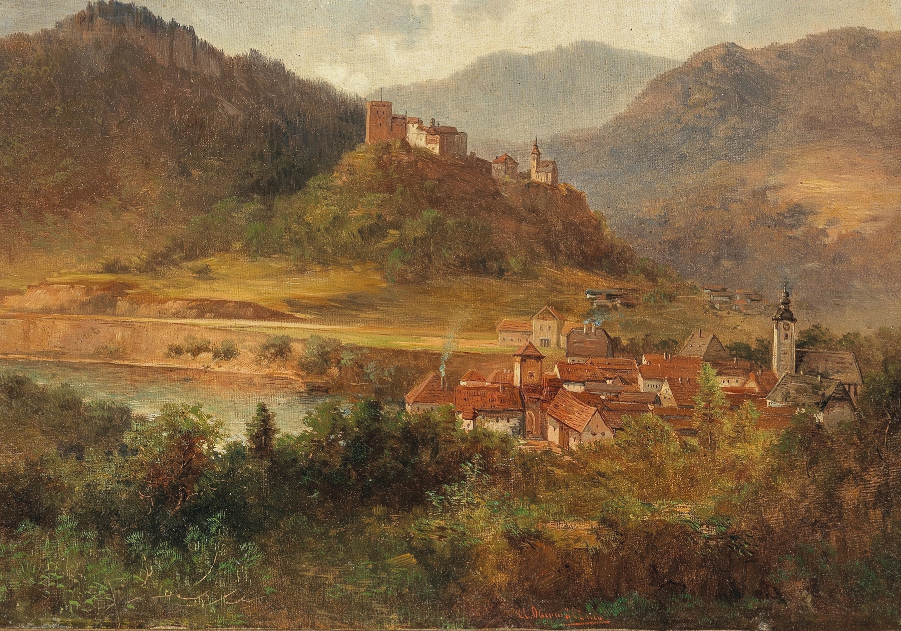 Dorf mit Fluss und Burg, by Adolf Obermüllner, public domain