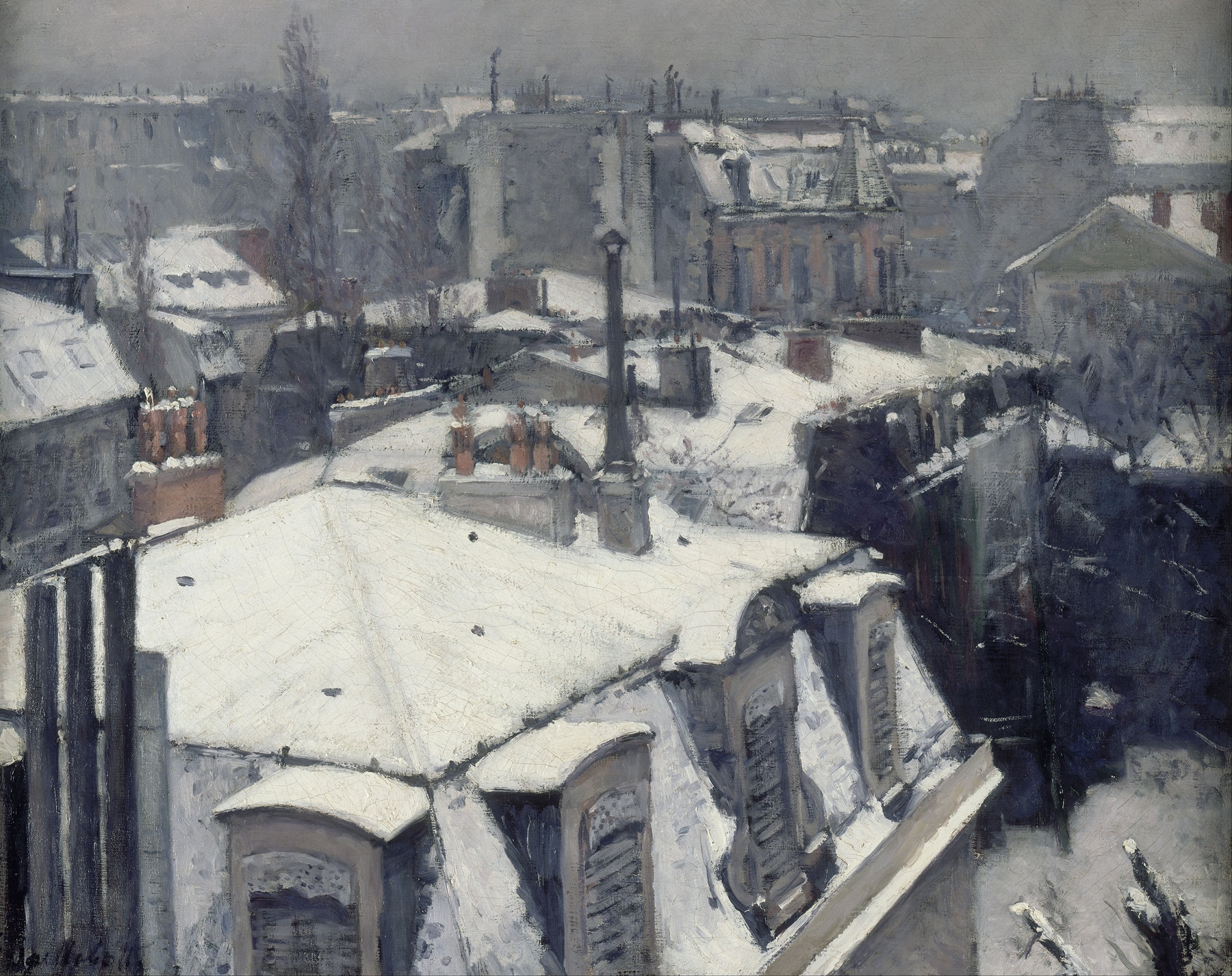 Rooftops in the Snow (snow effect), by Gustave Caillebotte, public domain