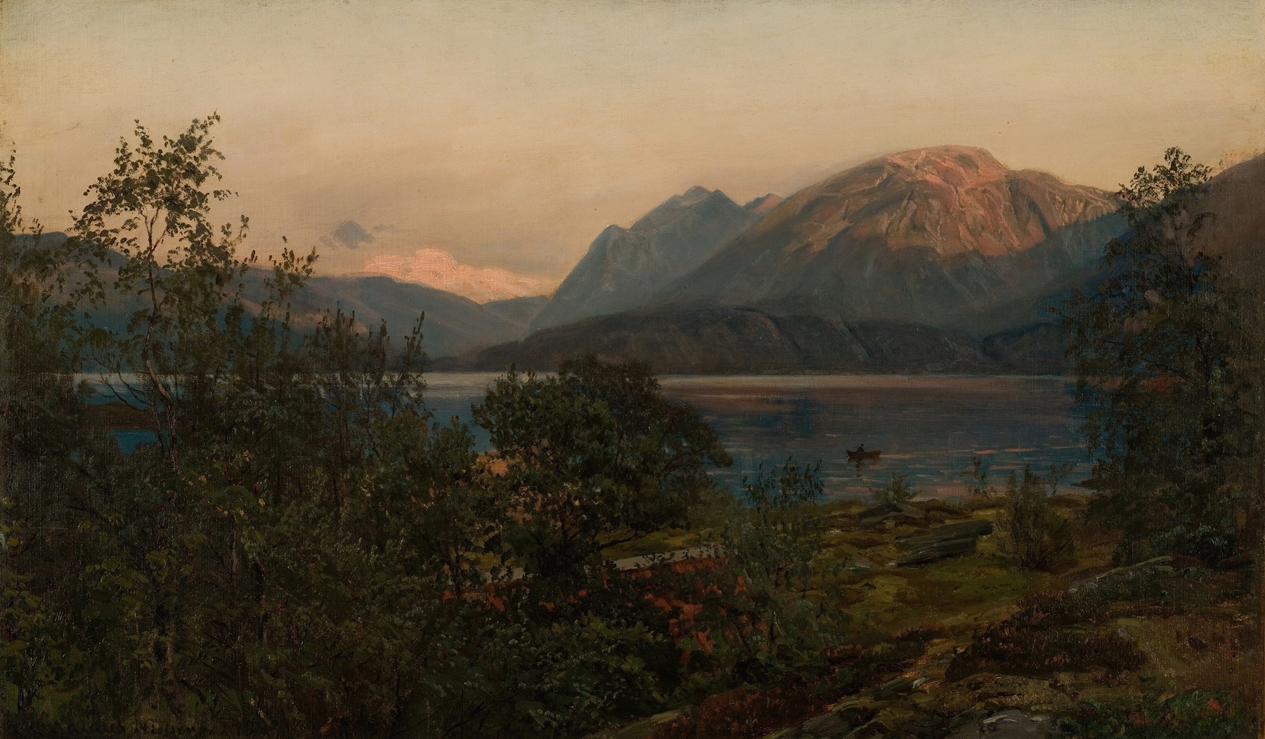 Aften, Terøen by Amaldus Nielsen, oil on canvas depicting a tranquil lake at dusk.