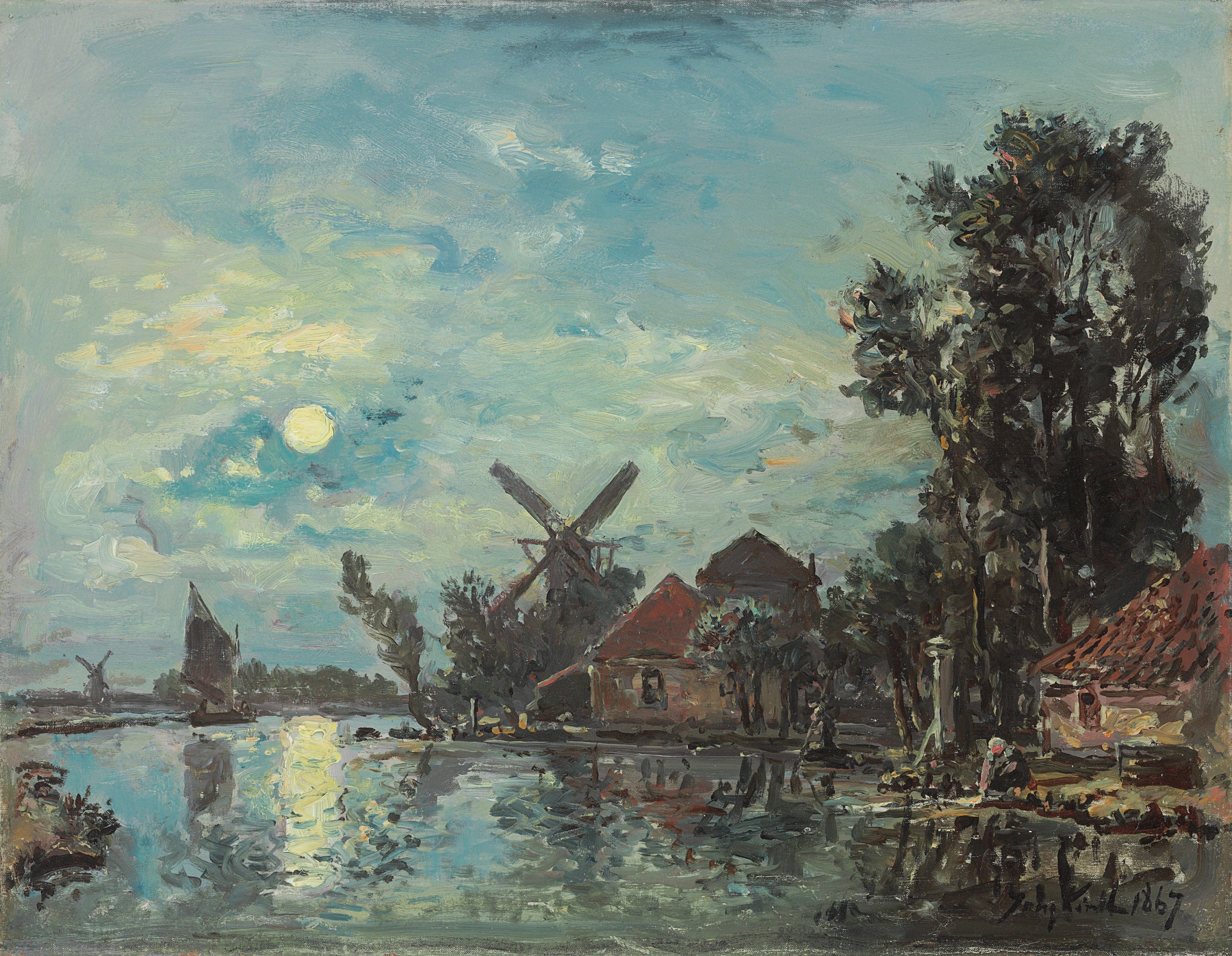 Effet de lune sur l’estuaire, Hollande, by Johan Barthold Jongkind, public domain