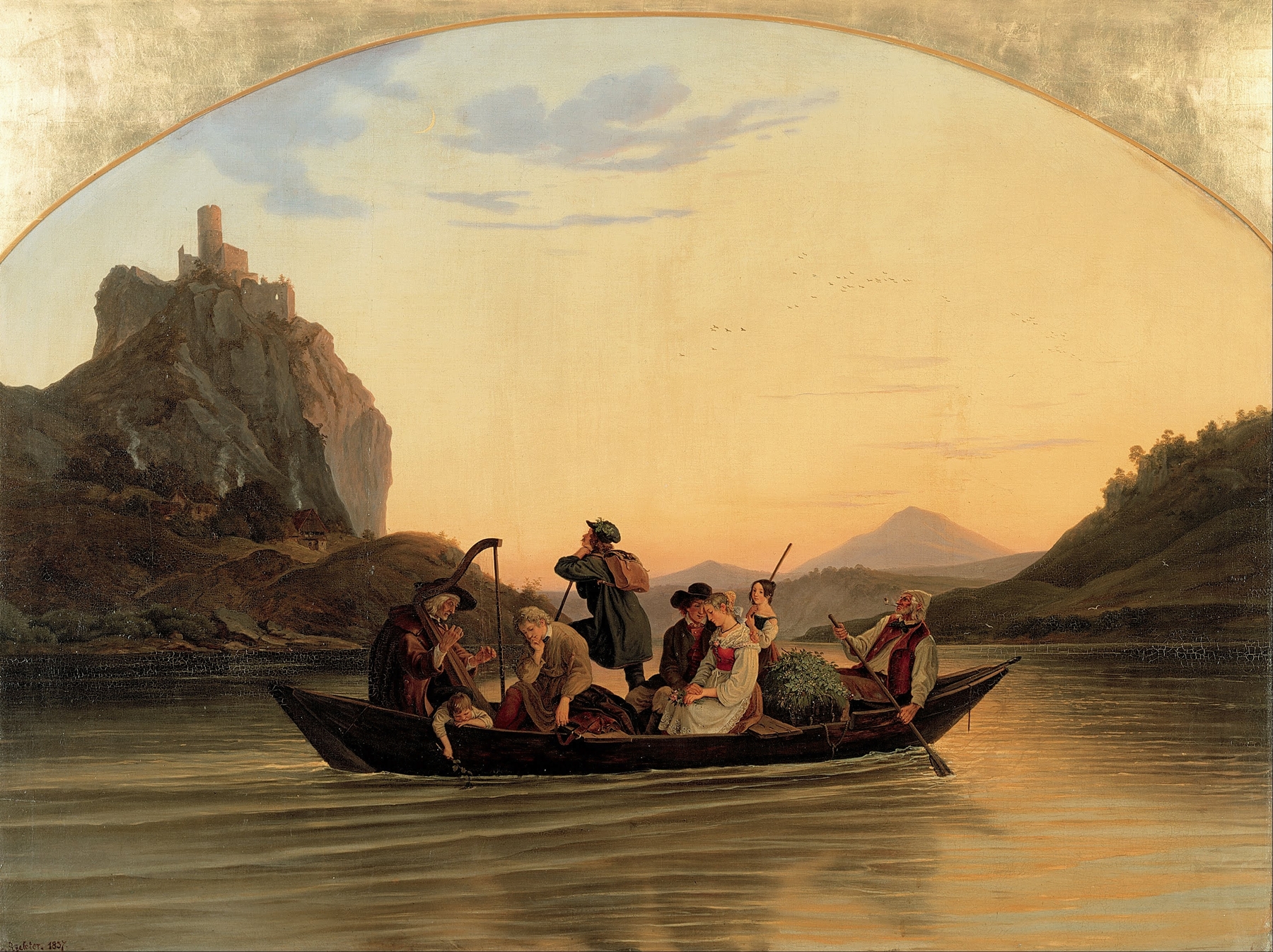 Crossing at Schreckenstein, oil on canvas by Adrian Ludwig Richter depicting a tranquil river landscape.