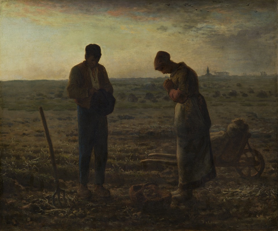 A depiction of rural life featuring two figures in a field at dusk.