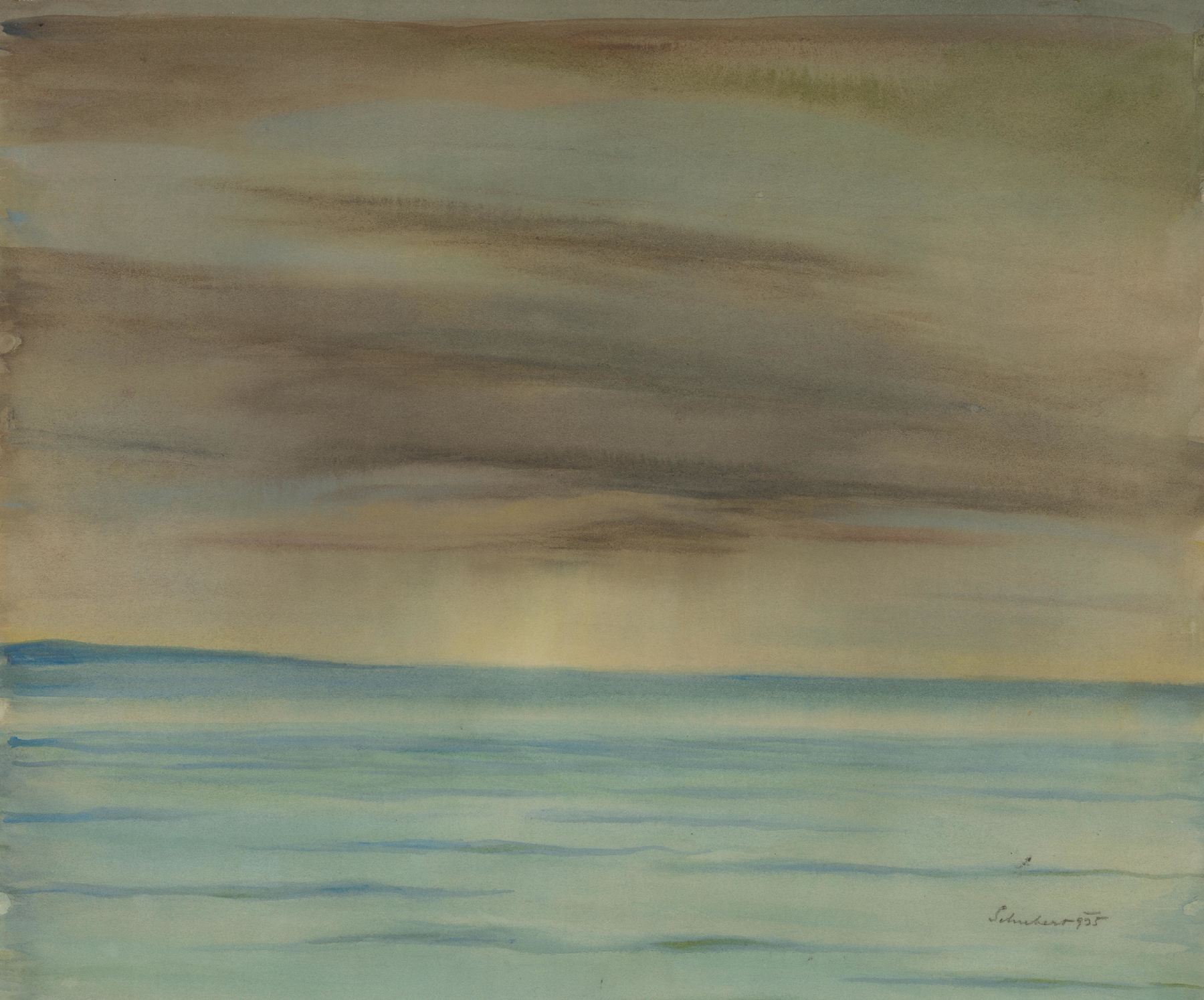 Post-Impressionism oil painting by Július Schubert depicting a sunset over the sea.