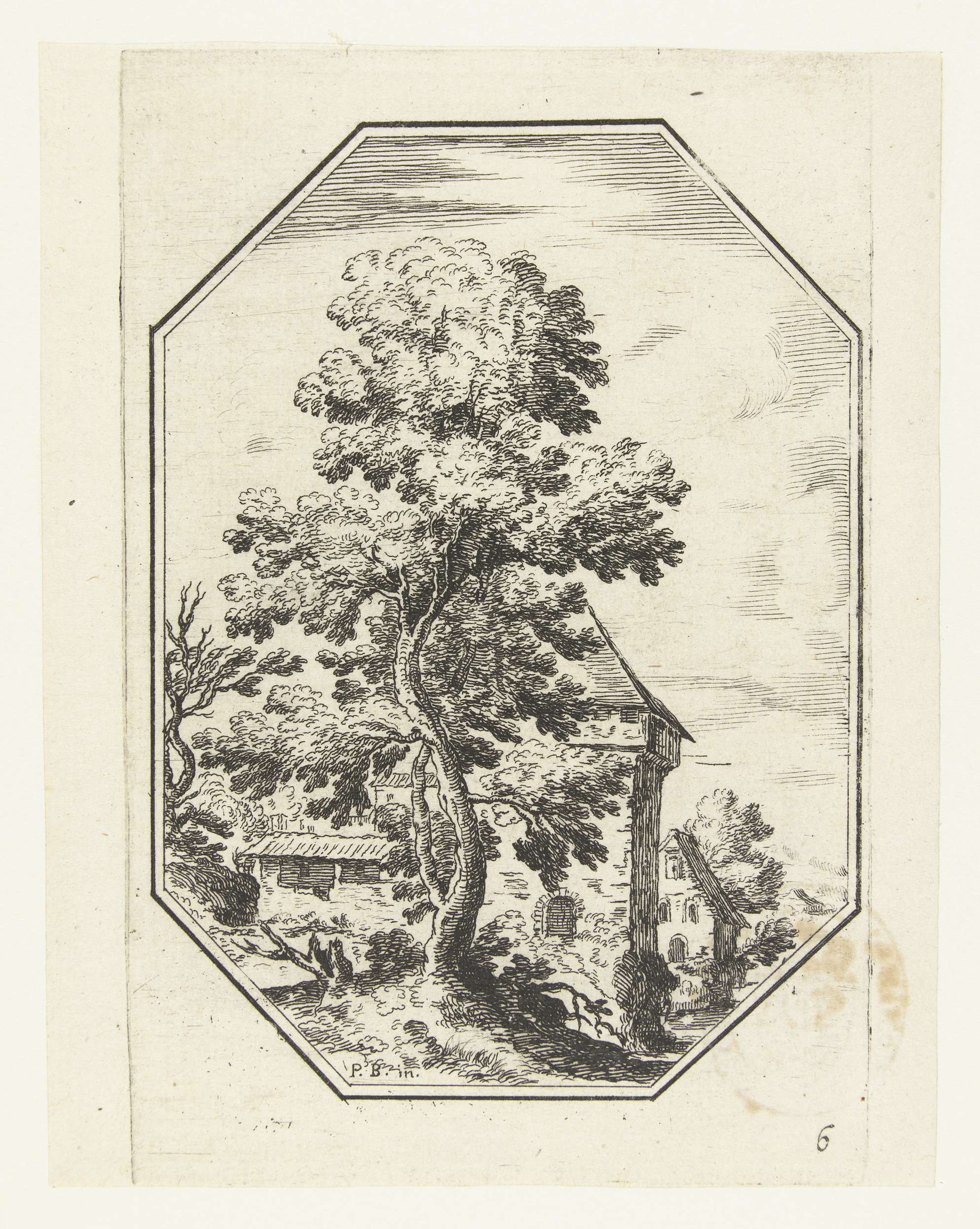 Landschap met grote boom in octagonaal kader, etching by Unknown Artist, featuring a grand tree and rolling hills.