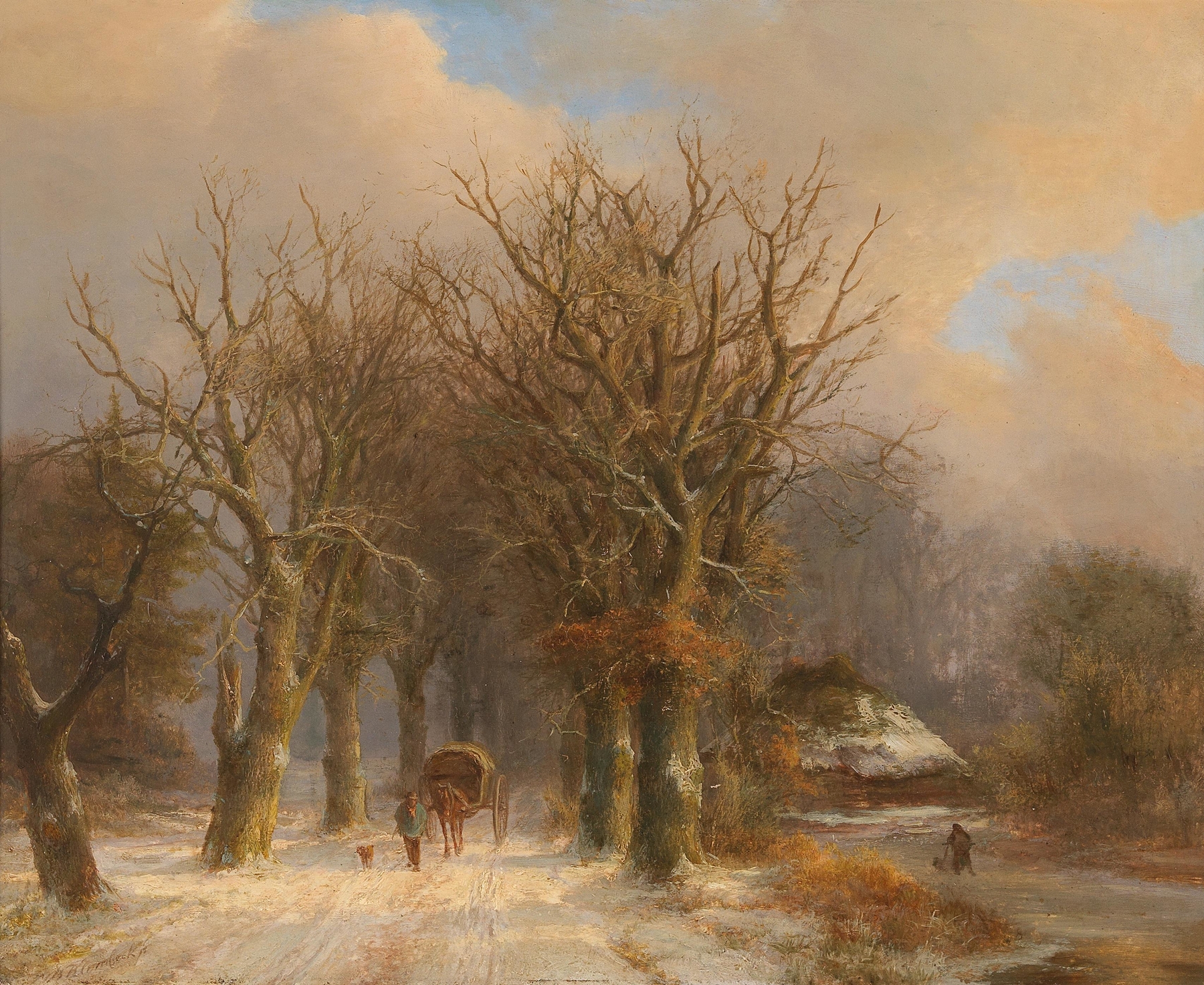 Winter landscape with a horse and cart by Johann Bernhard Klombeck, oil painting