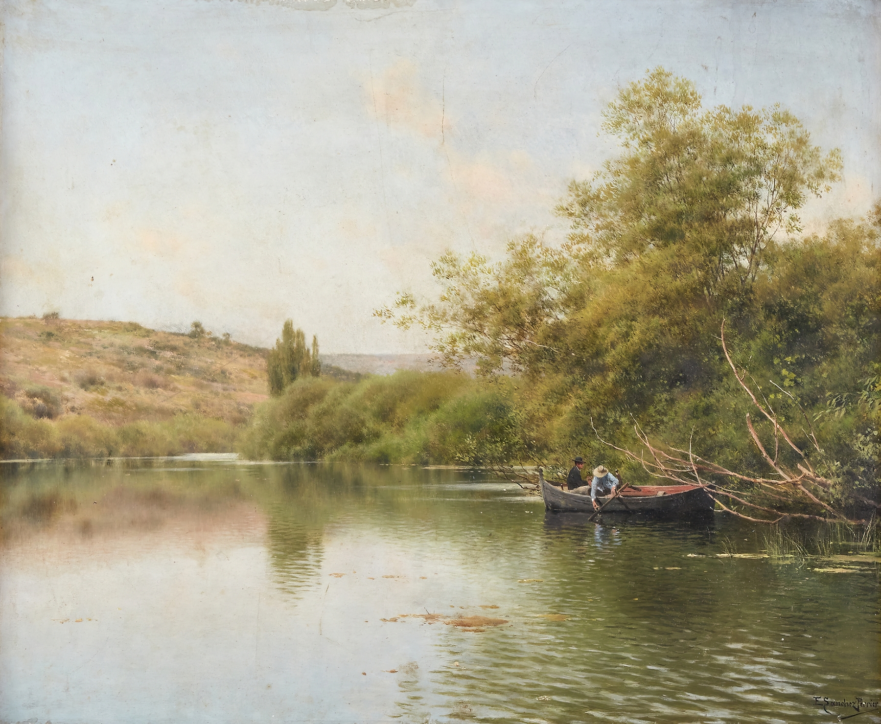 Landscape of a river with golden light, oil painting by Emilio Sánchez-Perrier.