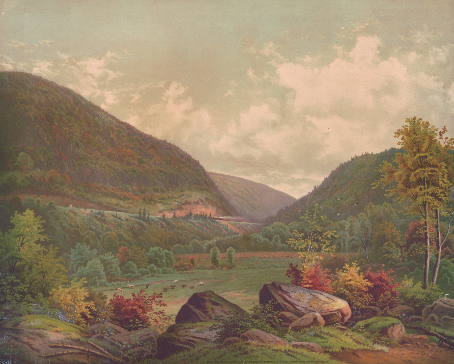 Landscape lithograph by Krebs Lith. Co depicting autumn colors in the Alleghenies