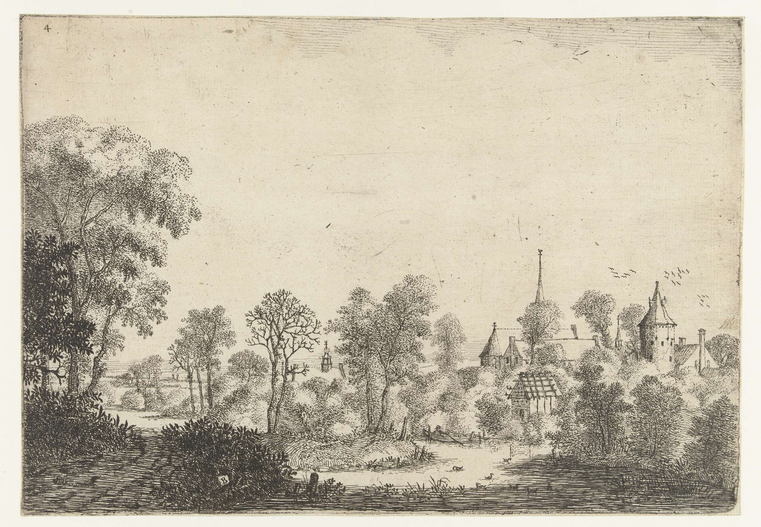 Landschap met gezicht op dorp en man in boot, etching by Jan van Brosterhuyzen
