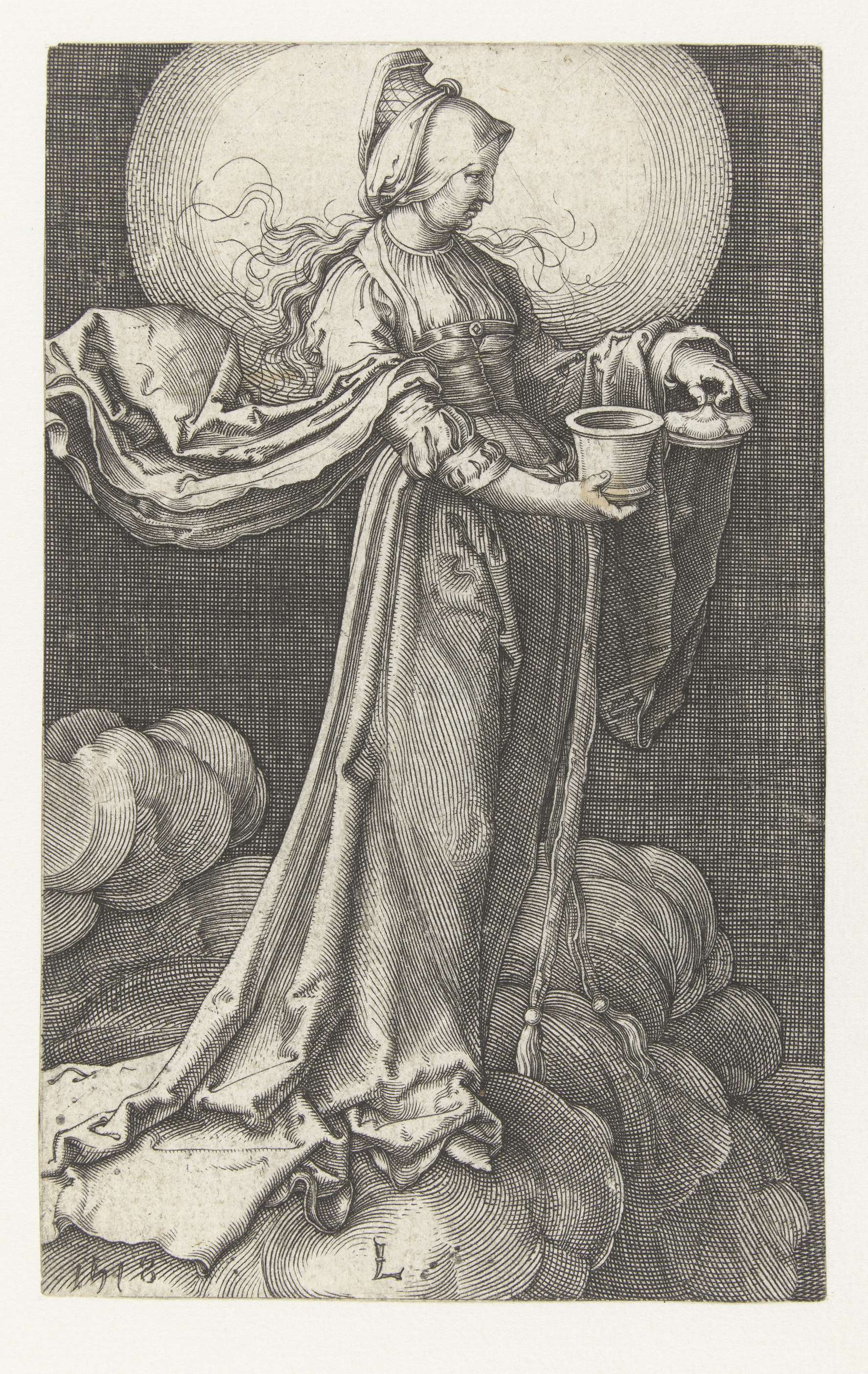 Engraving by Jan Harmensz. Muller depicting Maria Magdalena in de wolken with flowing garments and soft light