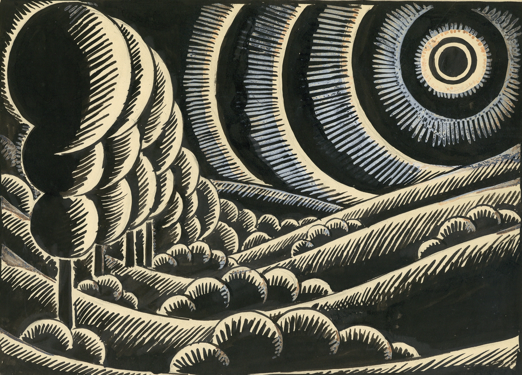 Landschap in inkt by Albert Daenens, ink on paper depicting a tranquil landscape with fluid horizon.