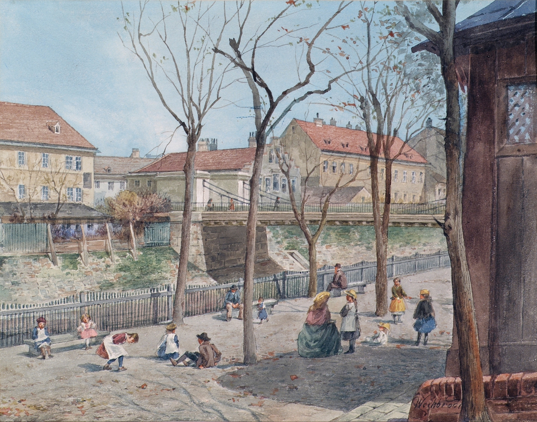 Die Kettenbrücke über den Wienfluß, oil on canvas by Ferdinand Weckbrodt depicting a bridge over a river.