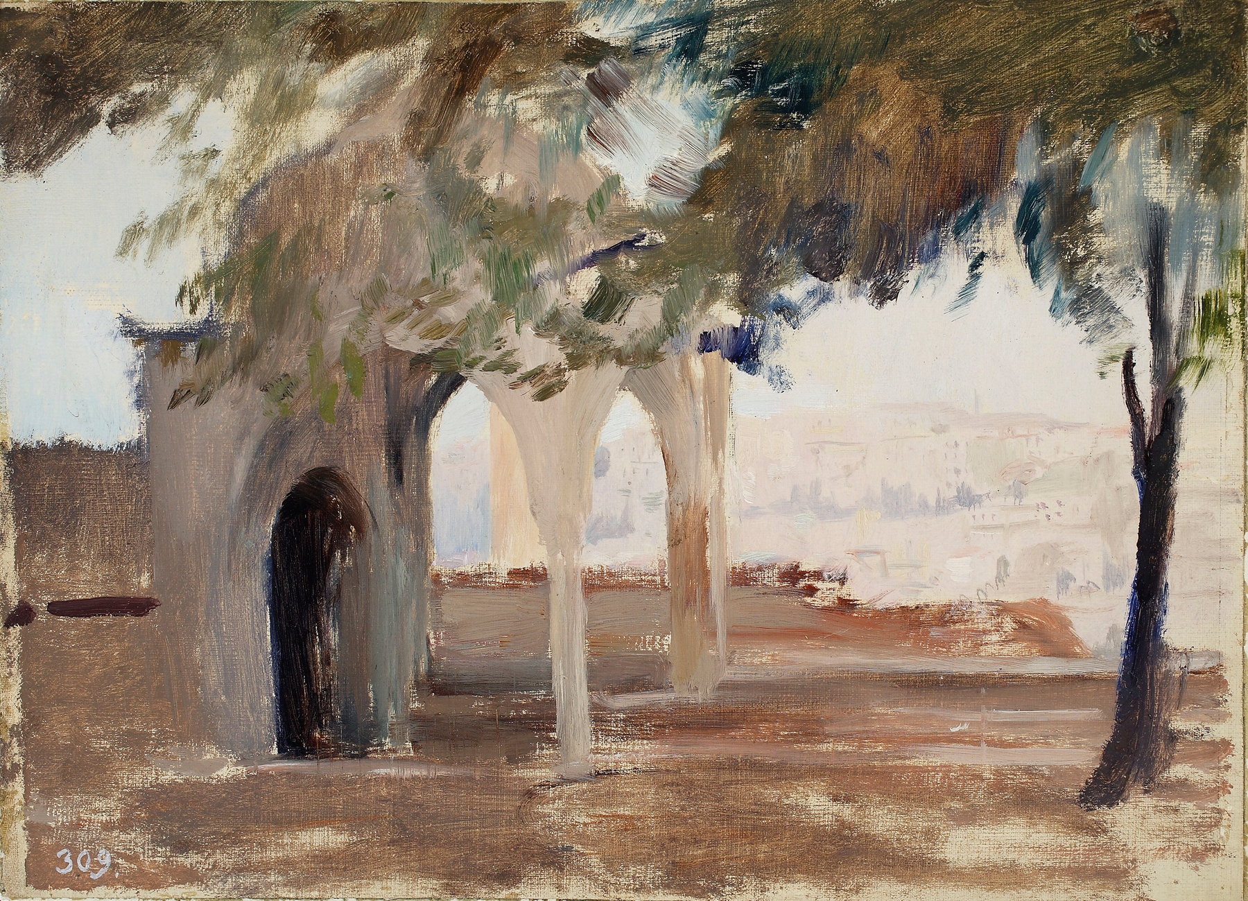 Landscape of Pera with soft blues and warm earth tones, oil painting by Jan Ciągliński