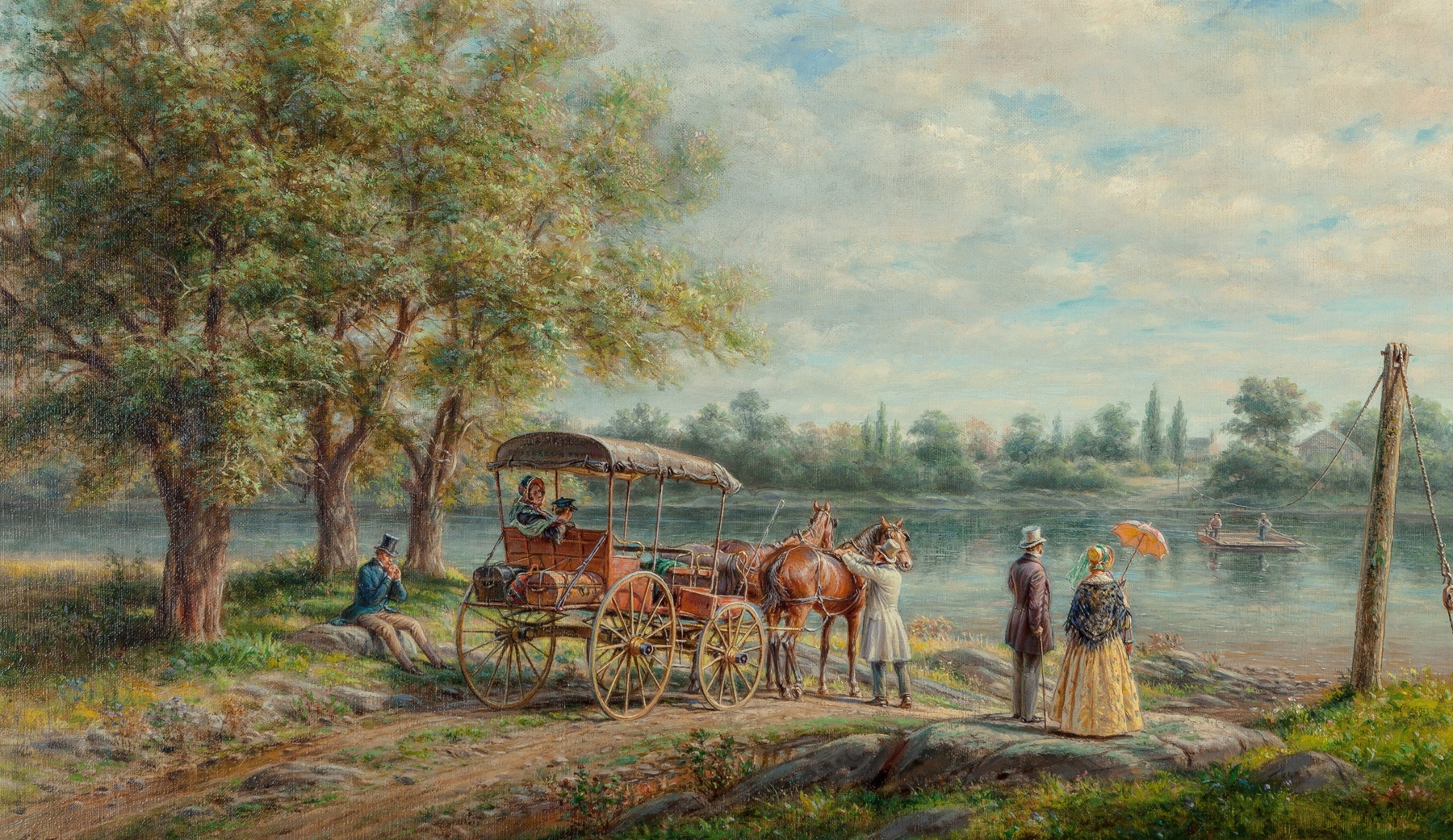 Waiting at the Ferry, oil painting by Edward Lamson Henry, depicting figures at a dock.