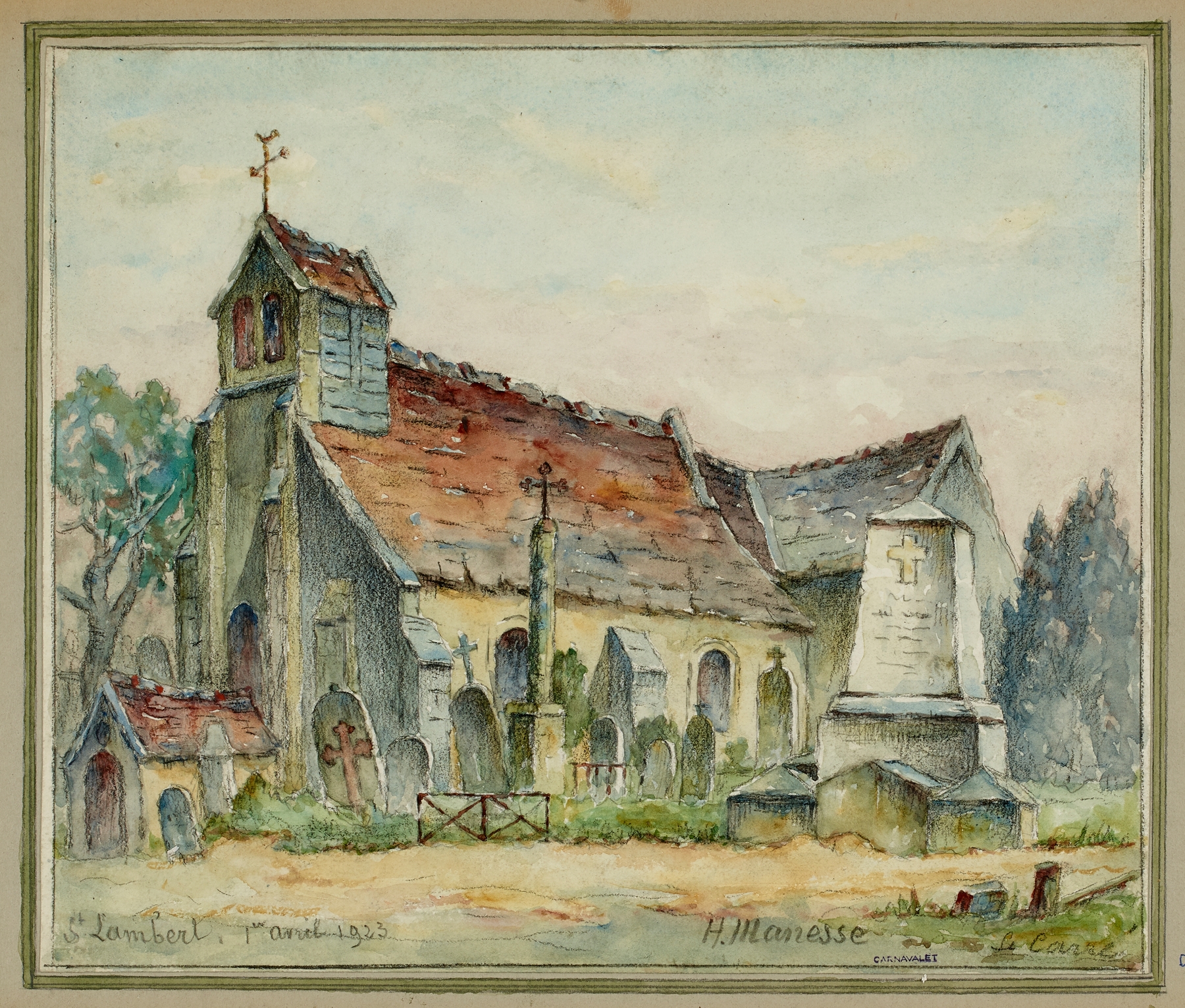 Landscape oil painting by Georges-Henri Manesse depicting a church and cemetery