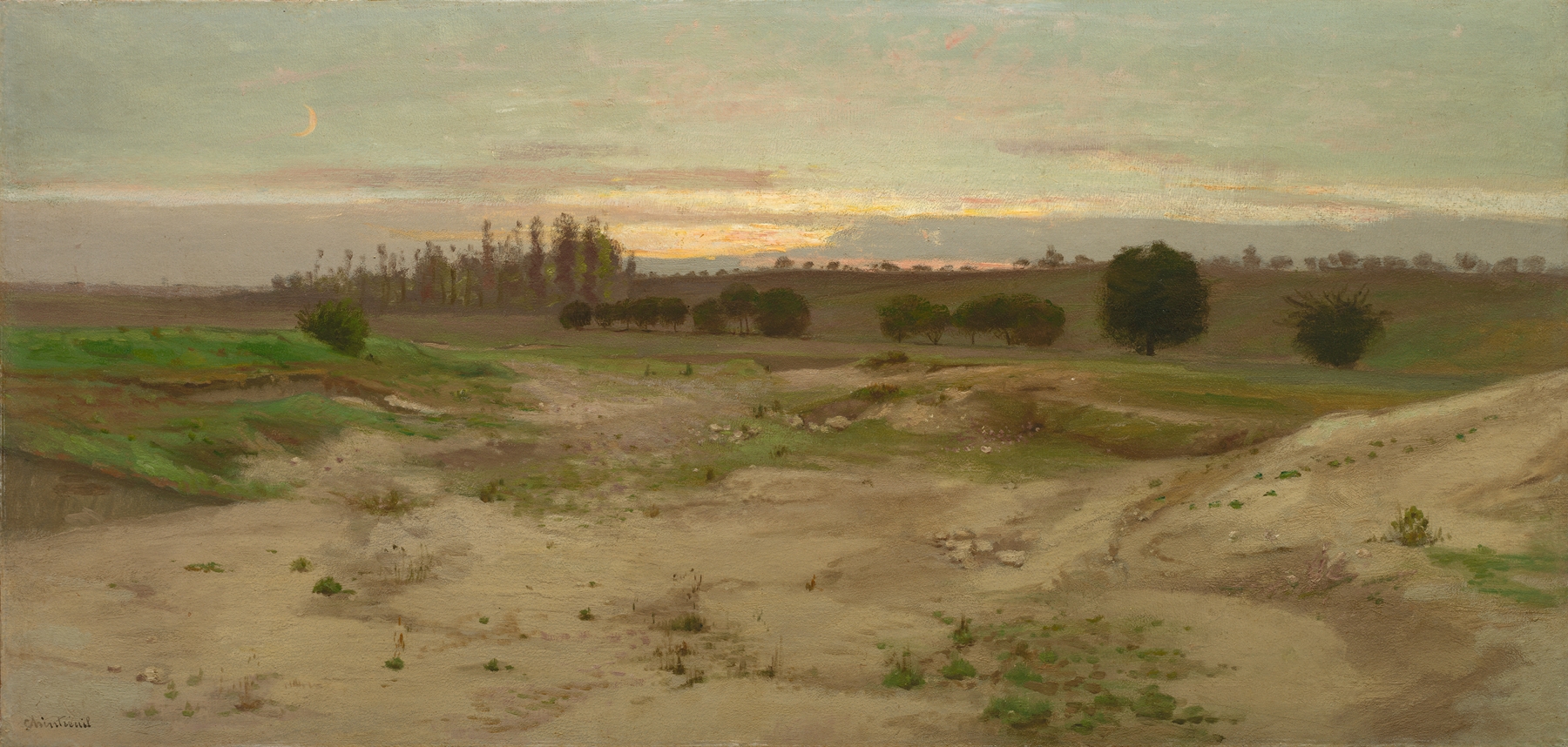 Landscape oil painting by Antoine Chintreuil depicting evening light over hills.
