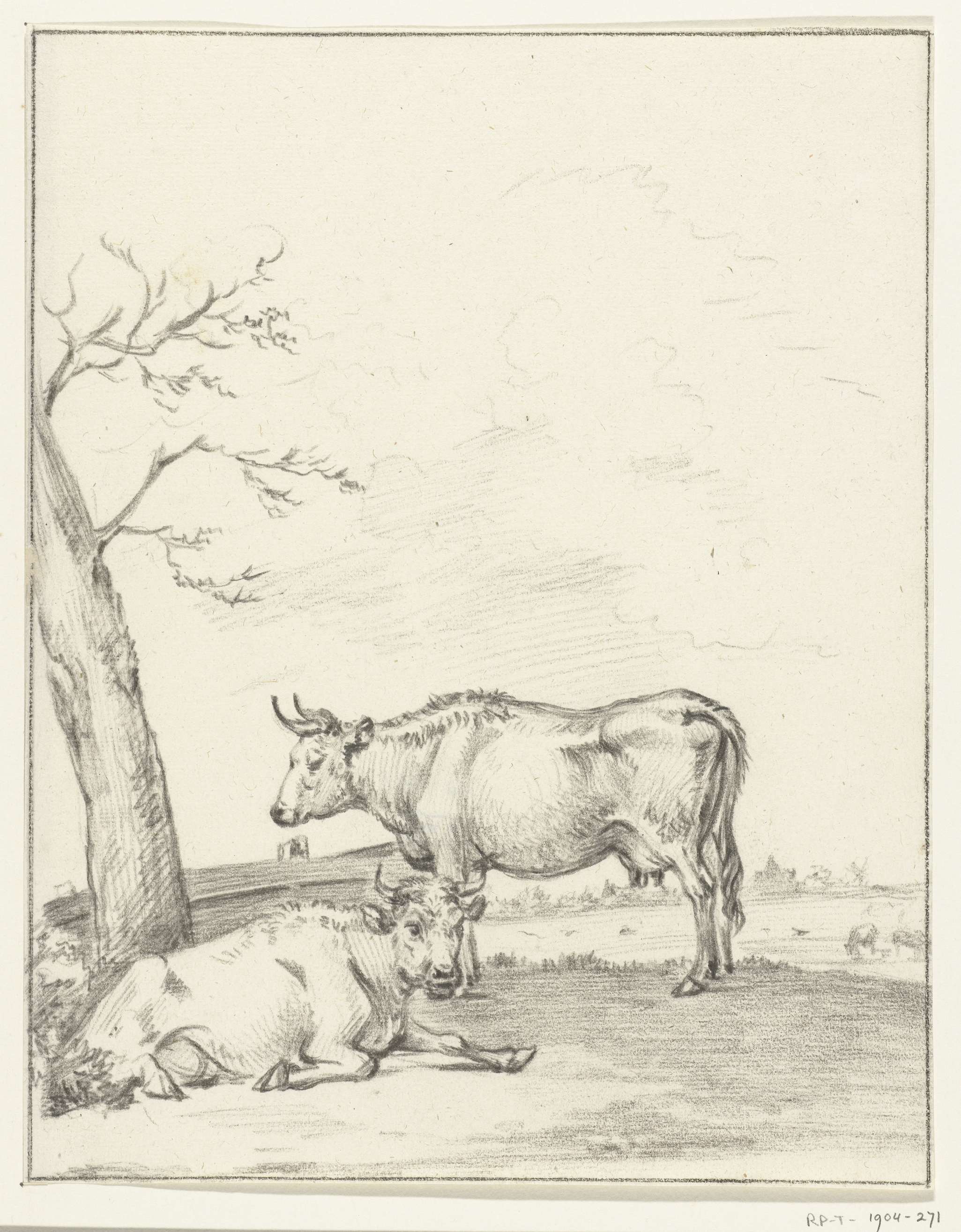 Drawing of a standing and lying cow in a rural landscape by Jean Bernard