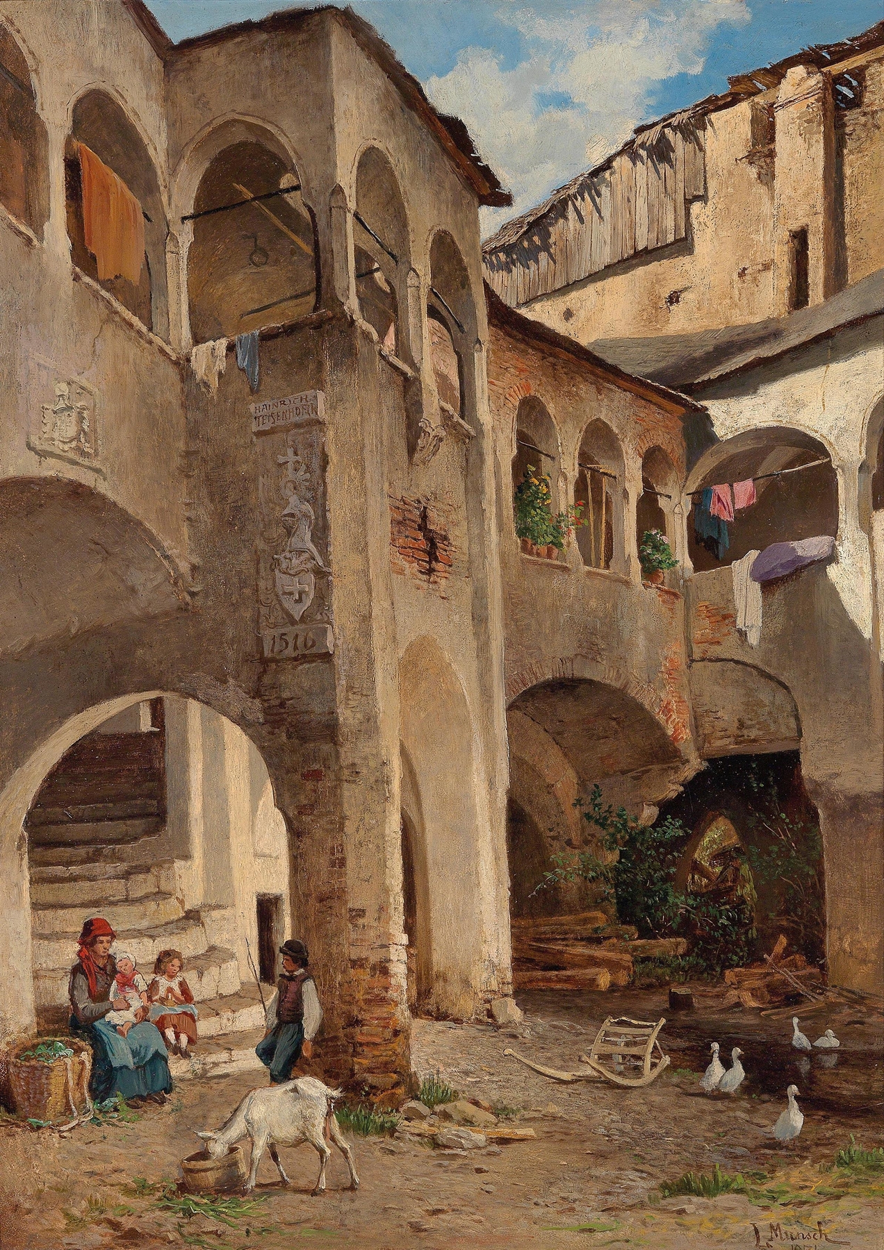 Interior scene with a courtyard, oil painting by Leopold Munsch