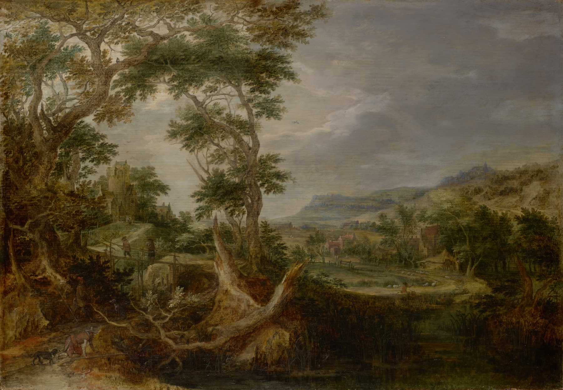 Swampy valley landscape with a castle on a hill by Gillis Claesz. de Hondecoeter, oil painting