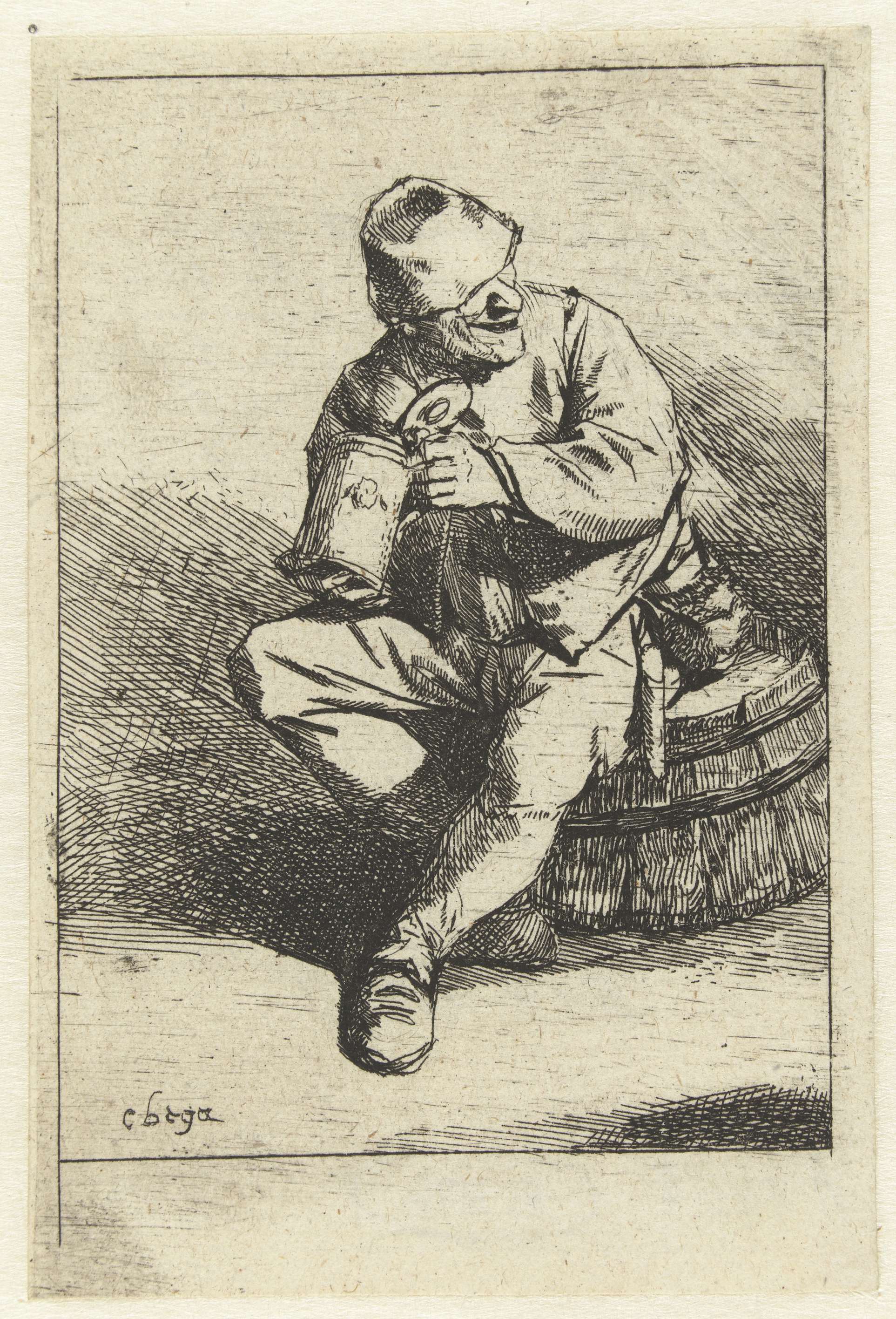 Etching by Cornelis Pietersz. Bega of a man sitting on a barrel holding a jug