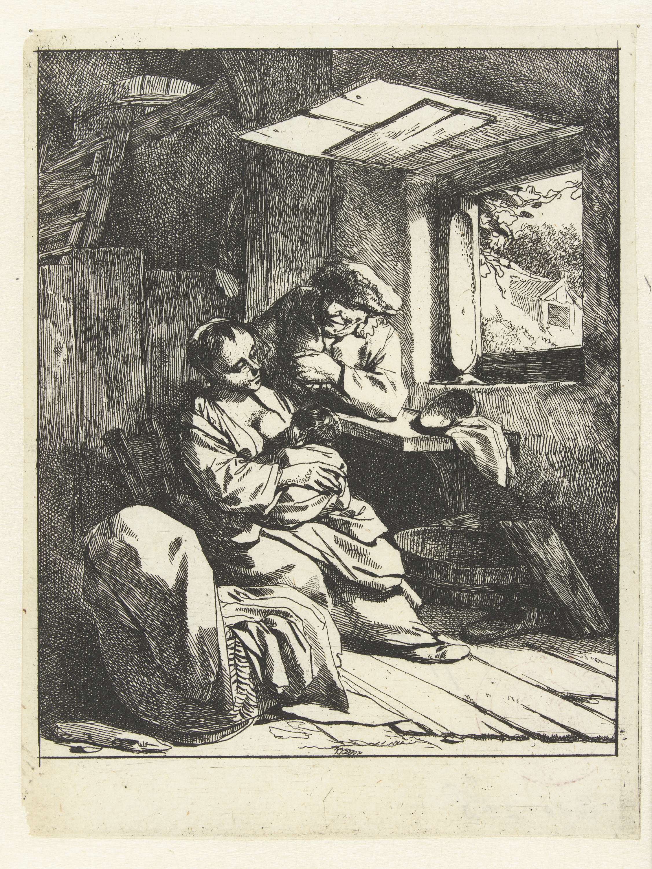 Vrouw met kind en man bij wieg in interieur met open raam, by Cornelis Pietersz. Bega, public domain