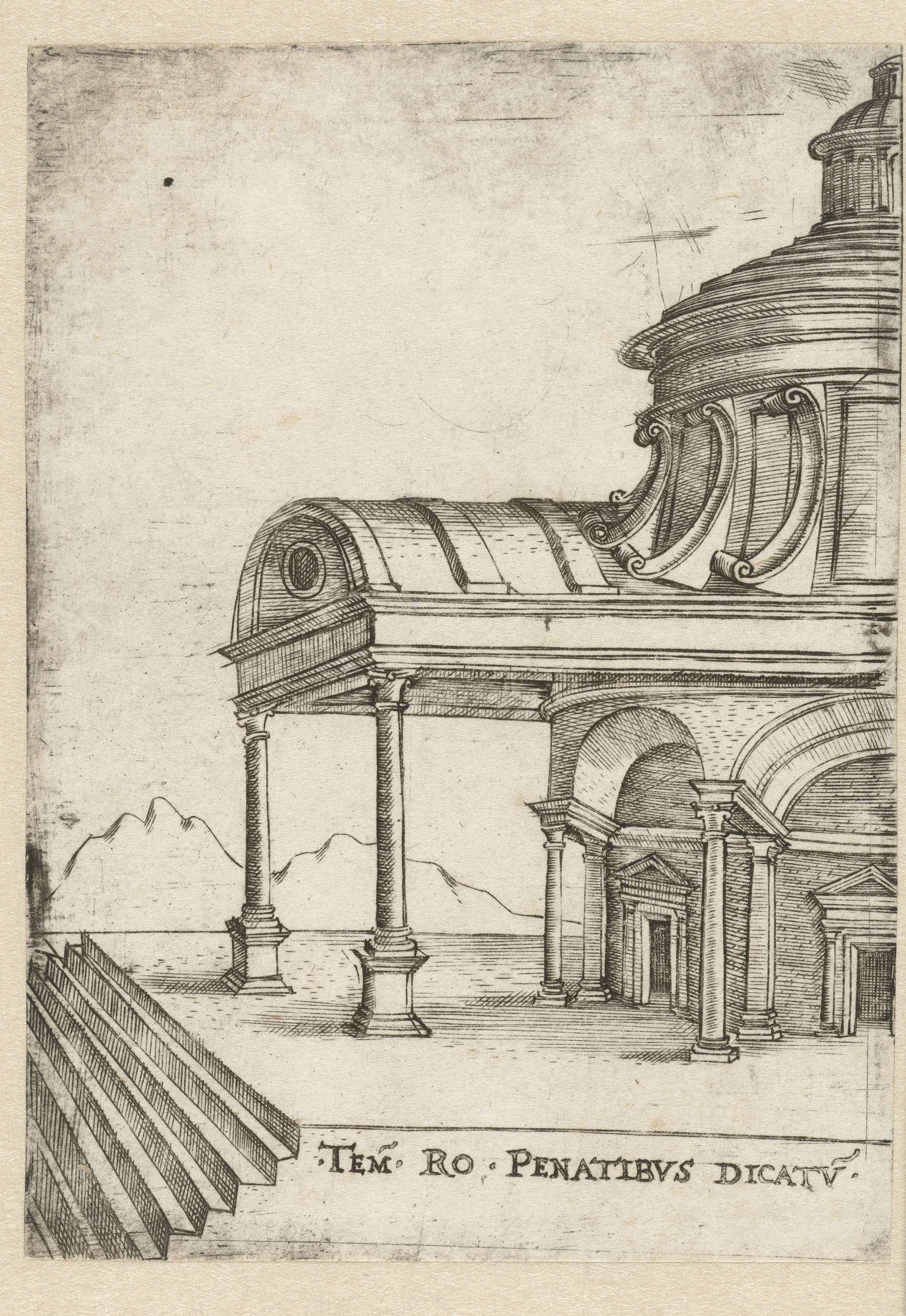 Engraving of a classical temple's exterior by Unknown Artist