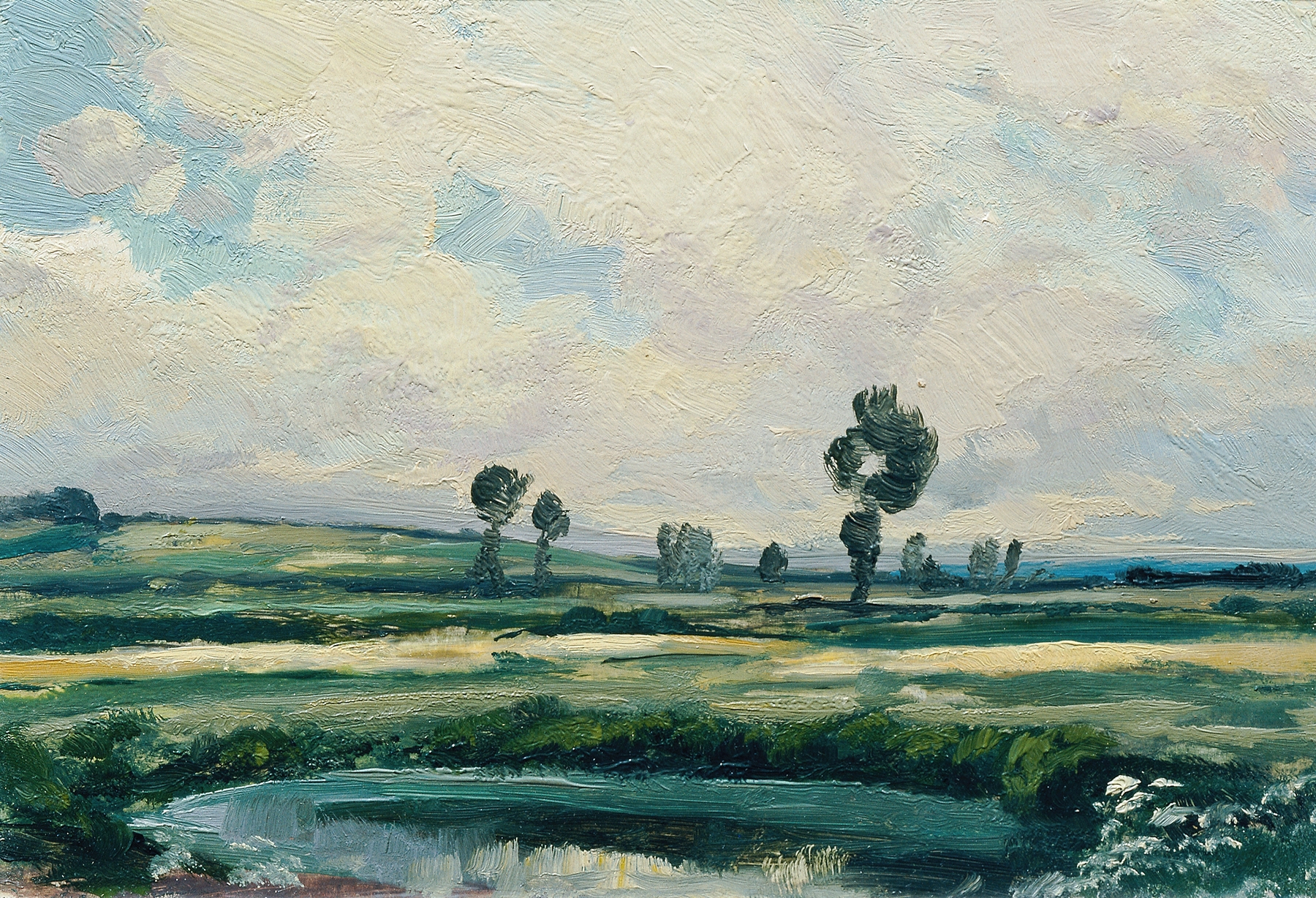 Landscape by Ferdinand Engelmüller, oil painting featuring swirling blues and greens.