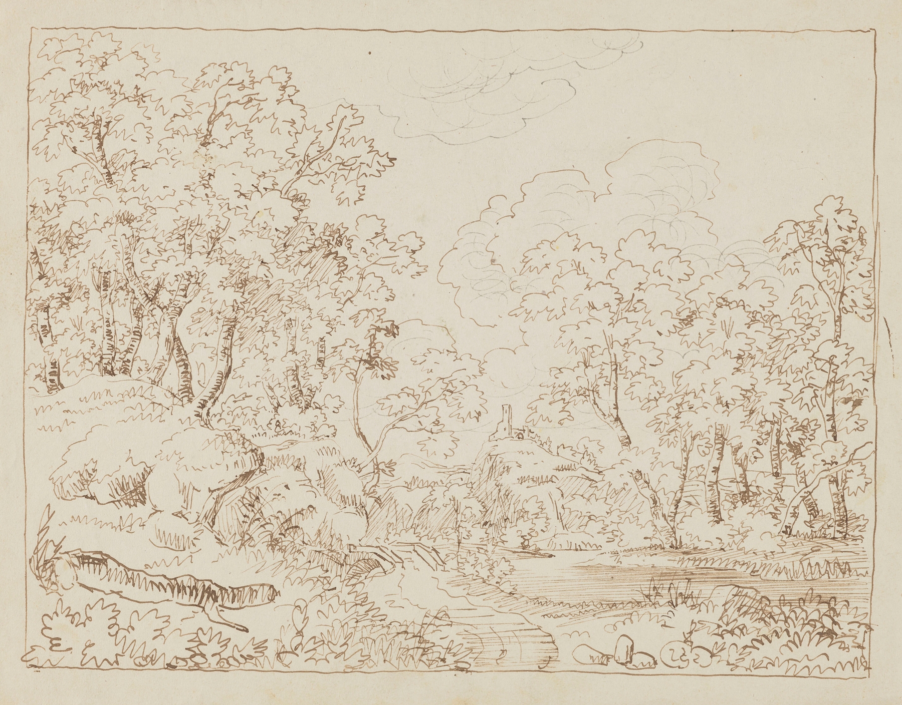 Landscape with a river, trees, and a castle by Arthur Blaschnik, oil painting