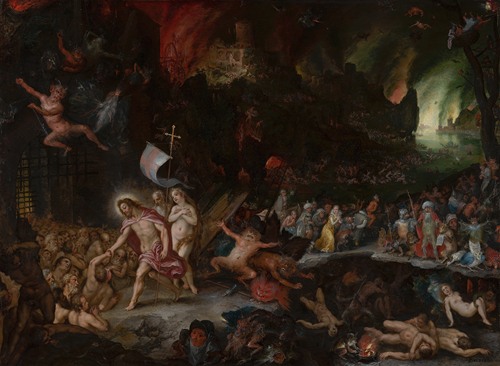 A depiction of Christ's descent into Limbo with various figures in a dark setting.